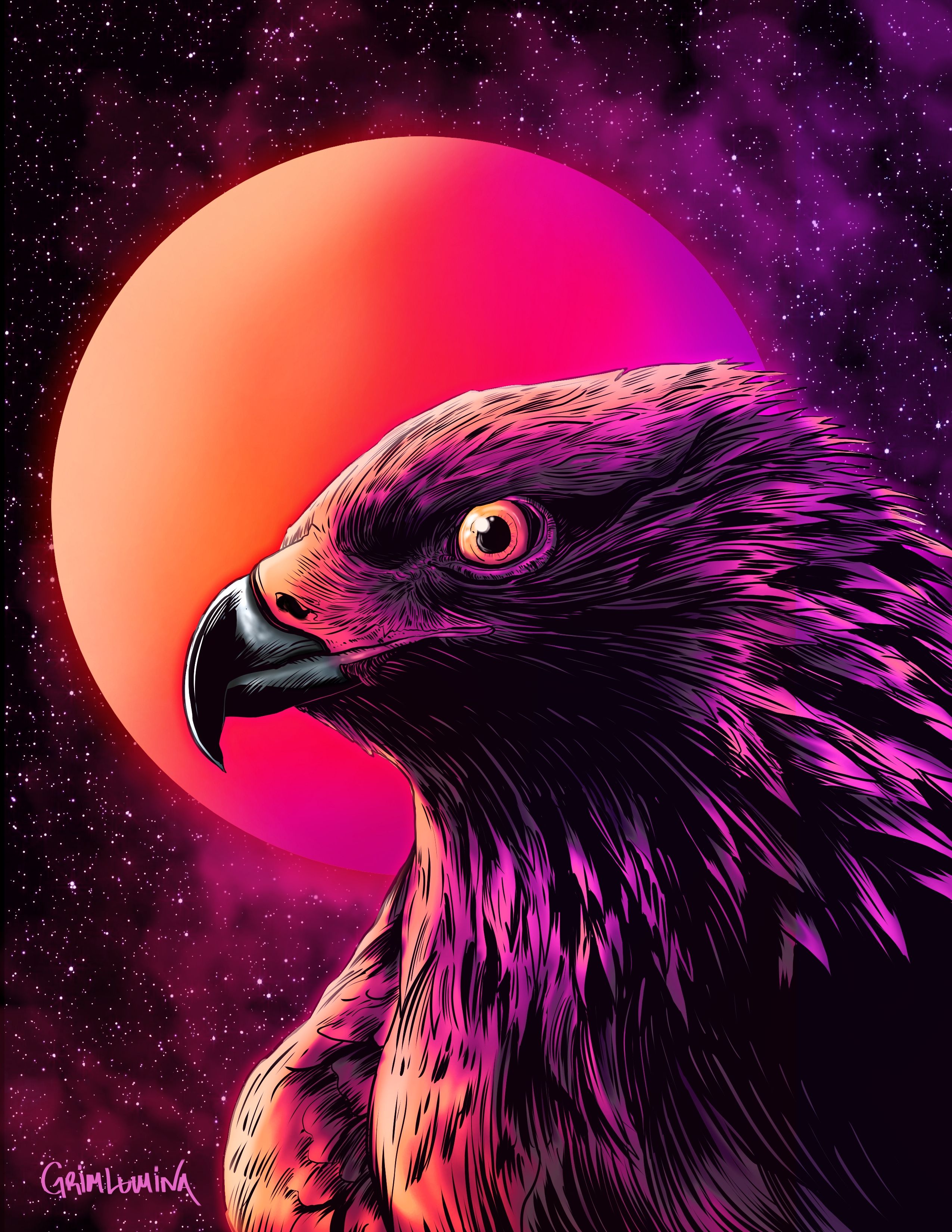 Adler, Synthwave, Sonne, Lila, Pink, Illustration, QHD+, iPad-Hintergrundbild
