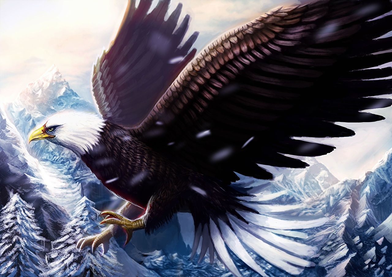 Weißkopfseeadler, Schneeberge, Ausgebreitete Flügel, Winter, Digitale Kunst, HD-Hintergrundbild