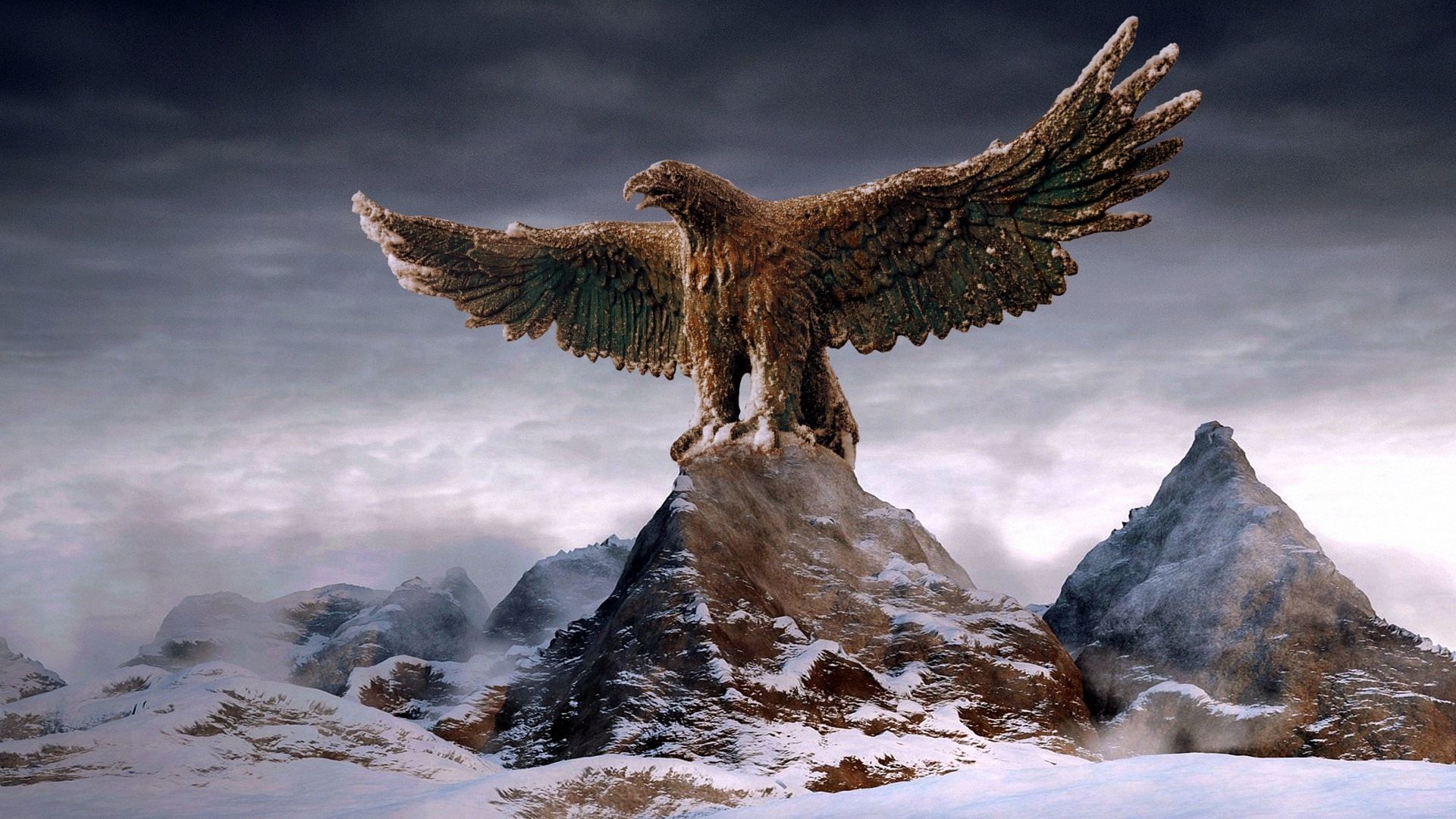 Adler, Berggipfel, Ausgebreitete Flügel, Wolken, Fantasy, Full HD, Windows-Hintergrundbild