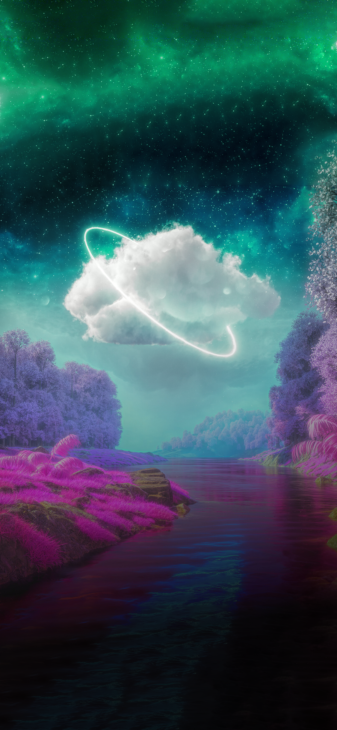 Wolke, Leuchtring, Nordlicht, Fantasy, Neon, Türkis, Full HD, Hintergrundbild fürs Handy
