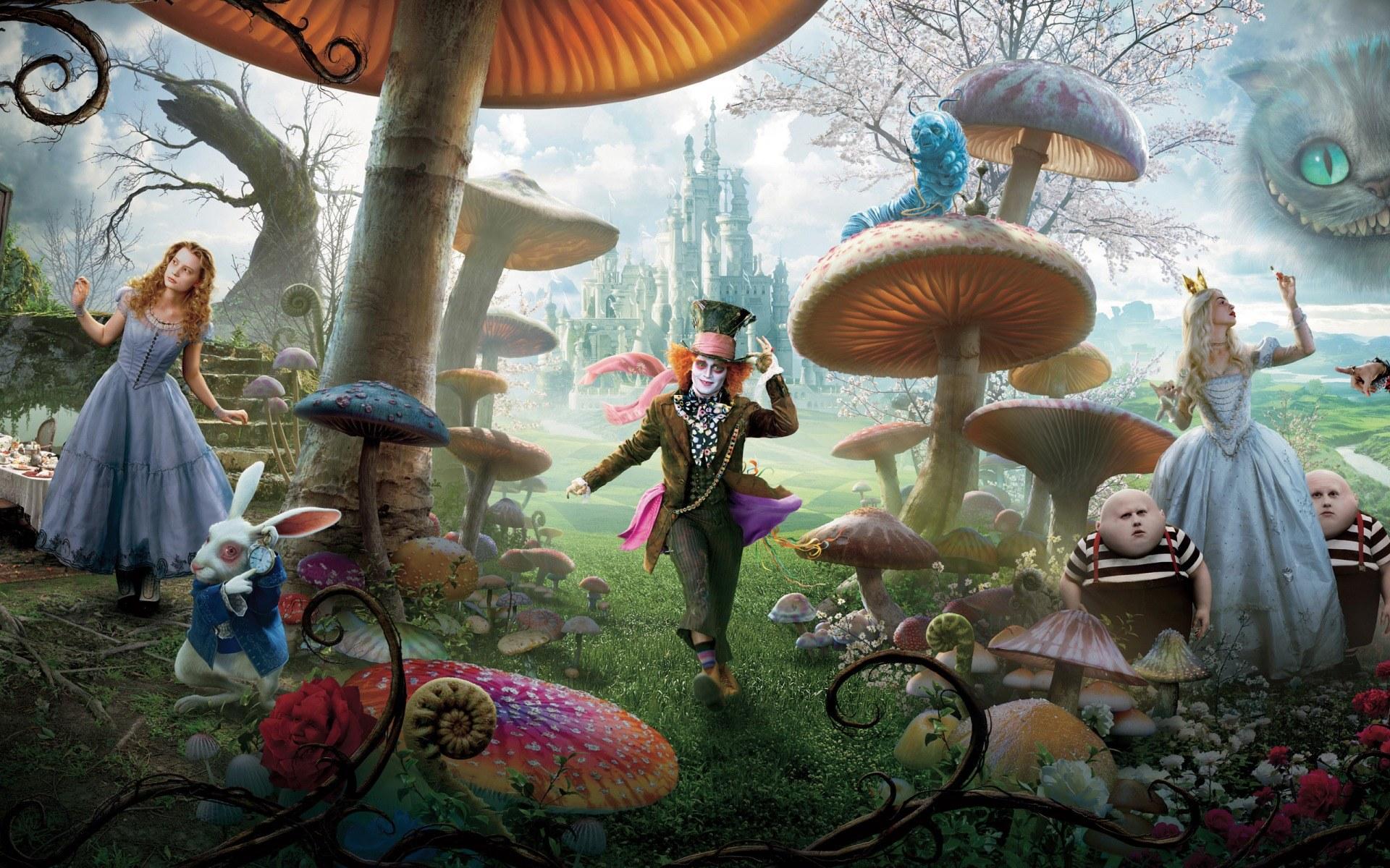 Alice im Wunderland (2010), Alice, Verrückter Hutmacher, Weiße Königin, Riesenpilze, Tim Burton, Full-HD-Hintergrundbild
