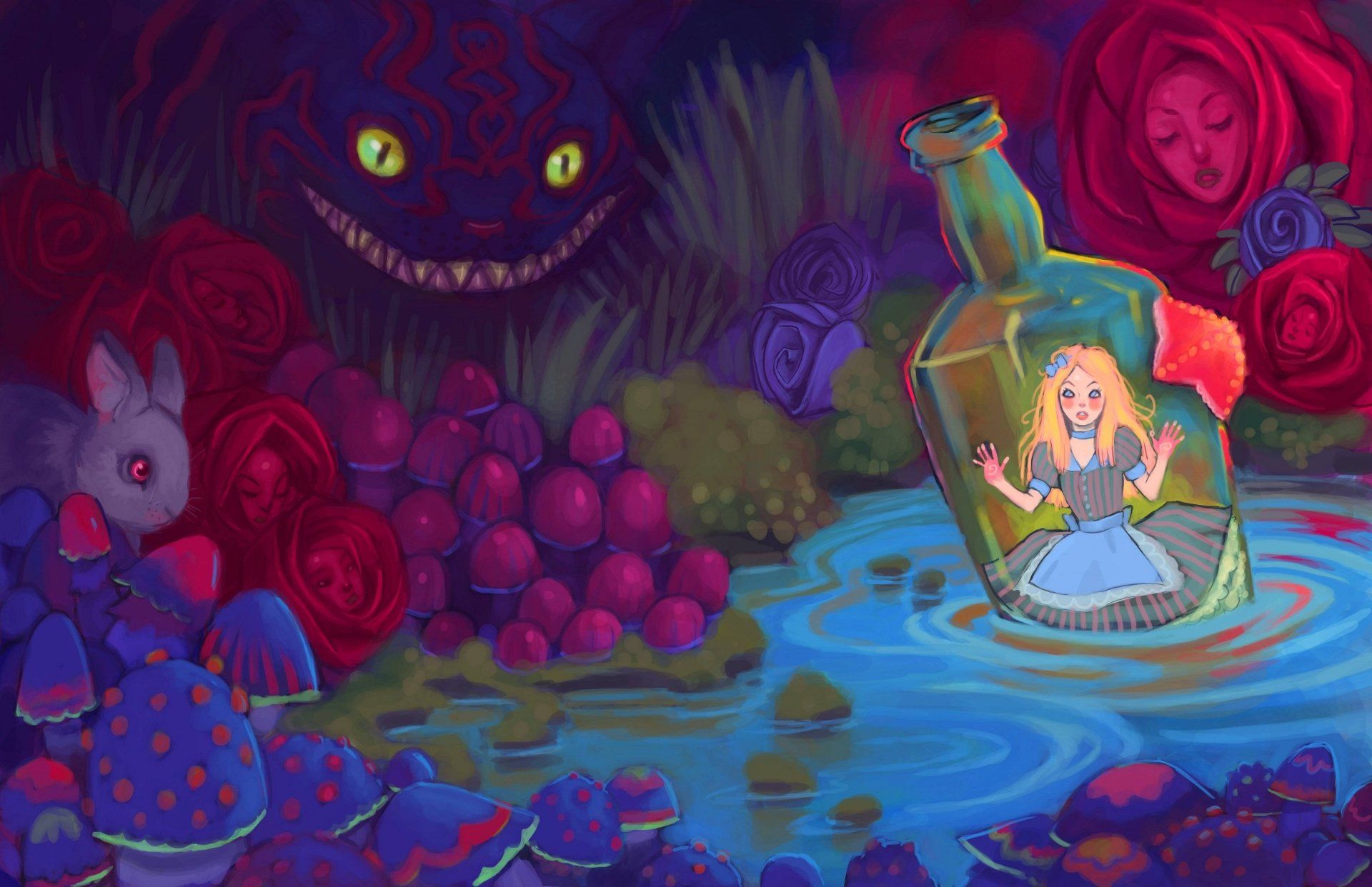 Alice, Grinsekatze, Weißes Kaninchen, Flasche, Rosen, Bunte Malerei, Full HD, Laptop-Hintergrundbild