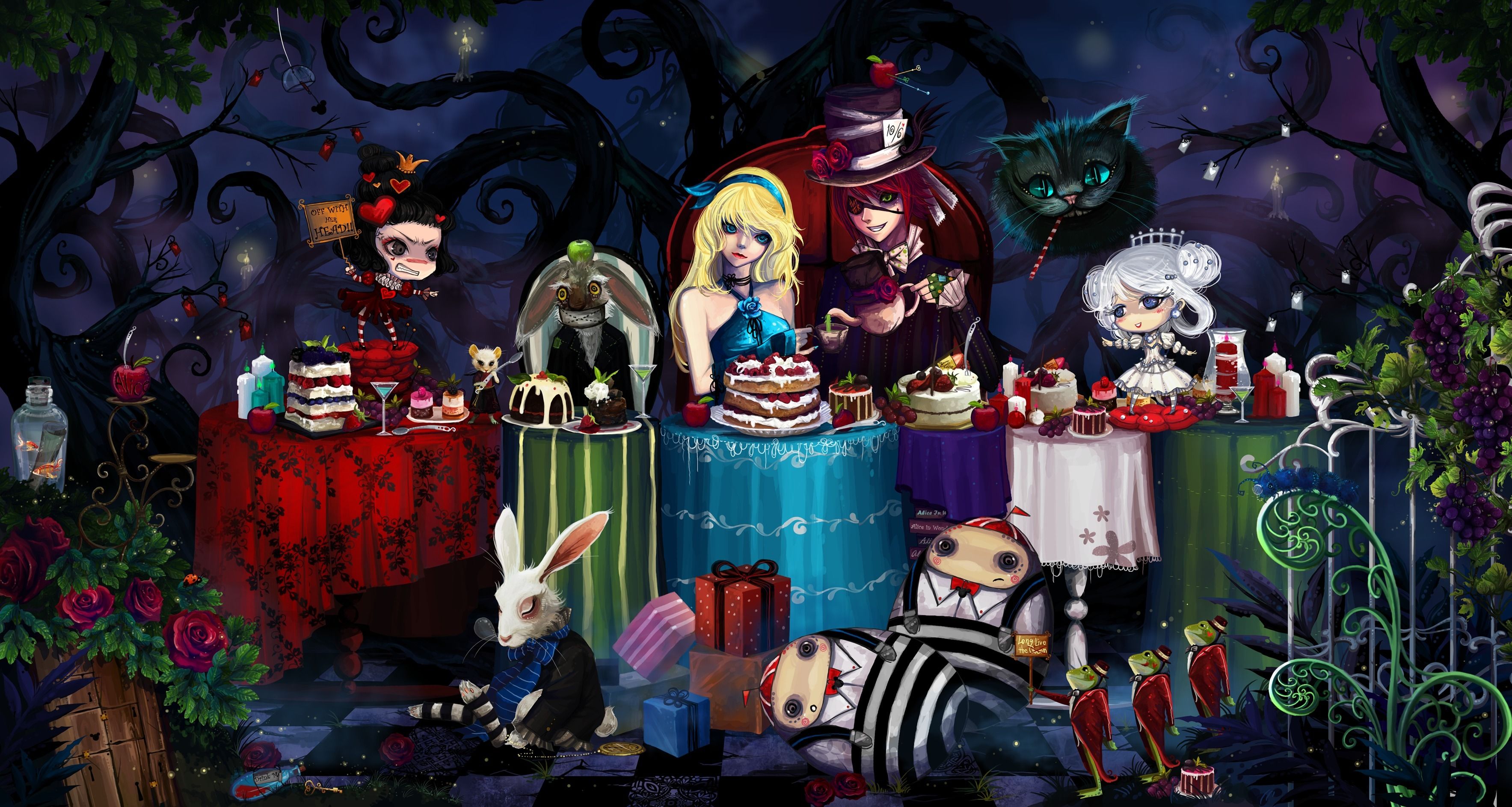 Teeparty, Alice, Verrückter Hutmacher, Weißes Kaninchen, Gothic, Puppenstil, 2K-Hintergrundbild