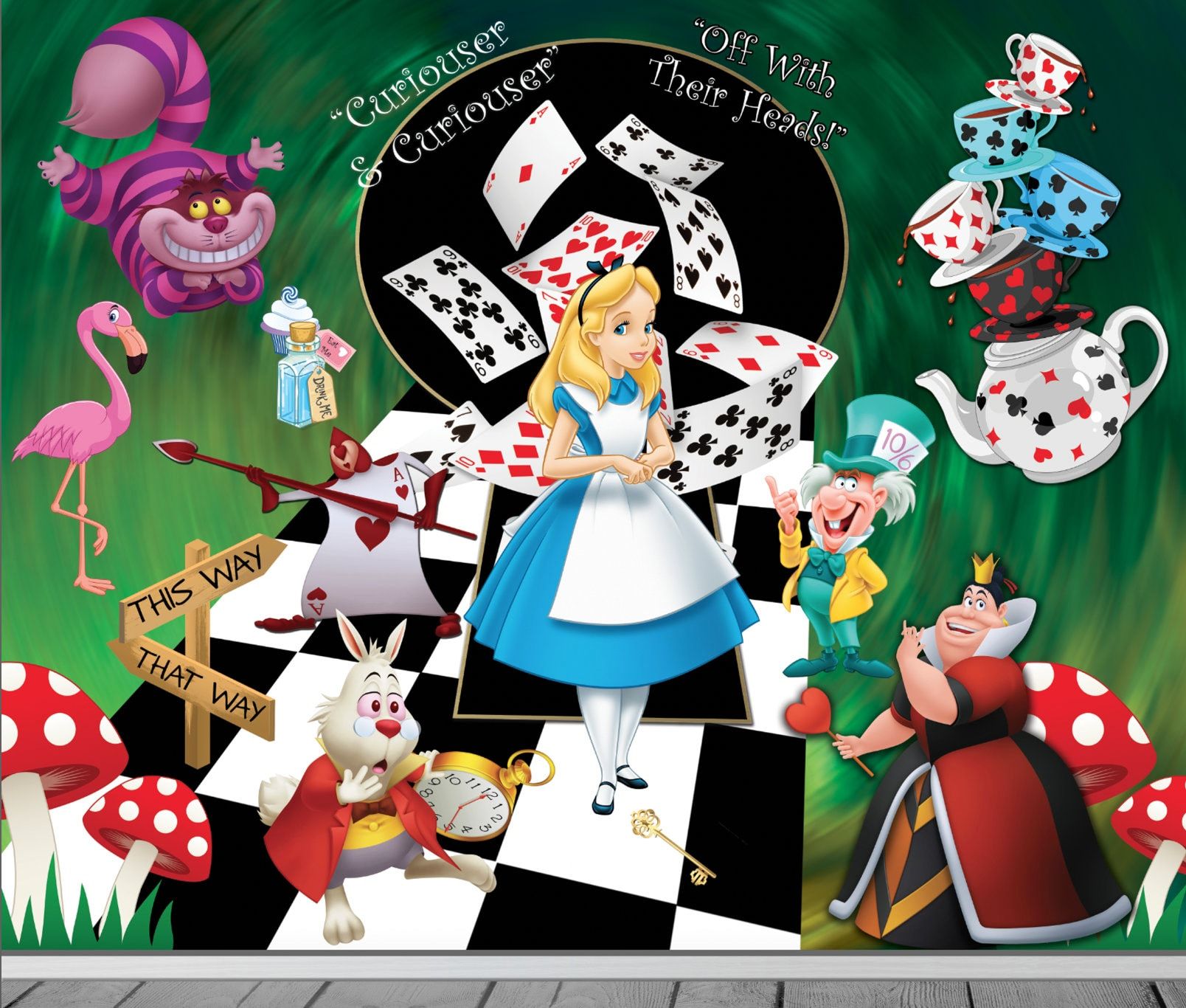 Alice im Wunderland (1951), Disney, Alice, Grinsekatze, Herzkönigin, Spielkarten, HD-Hintergrundbild