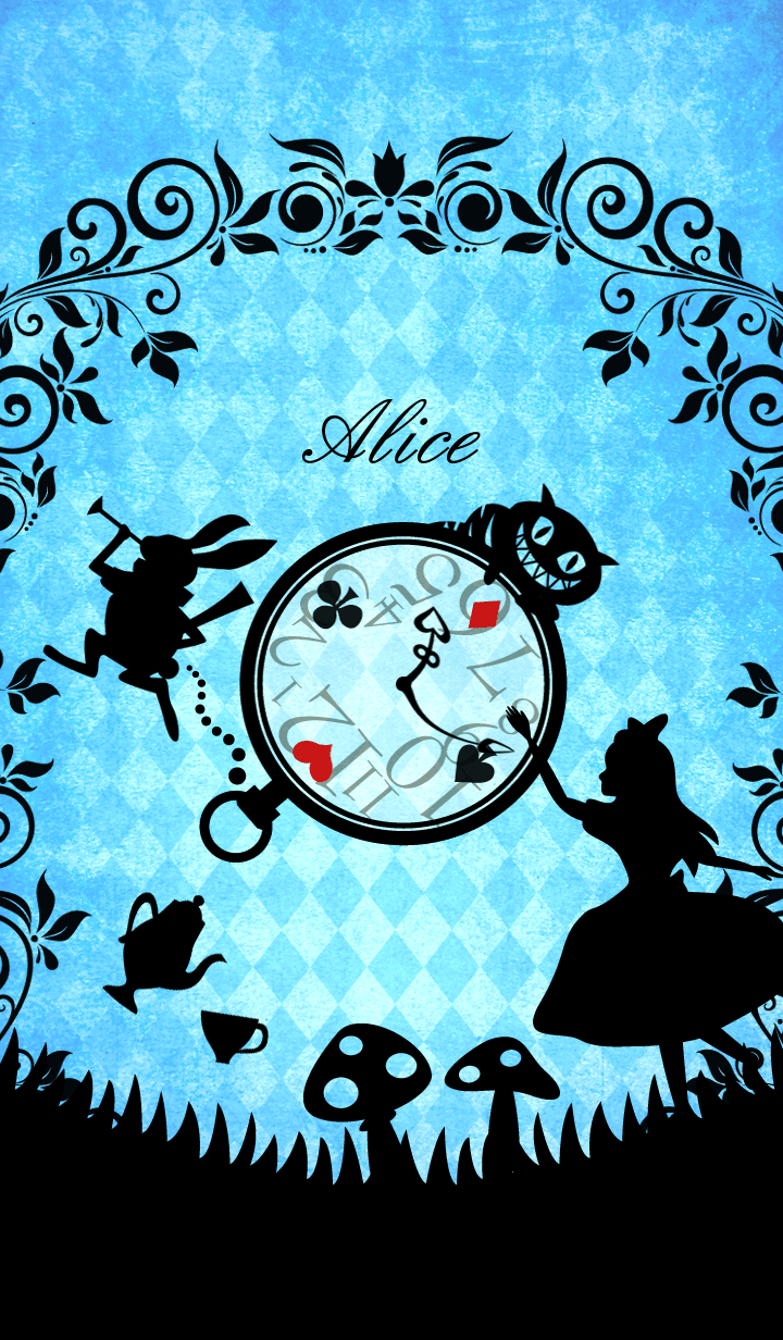 Alice, Silhouette, Weißes Kaninchen, Taschenuhr, Hellblau, Scherenschnitt, HD, Handy-Hintergrund