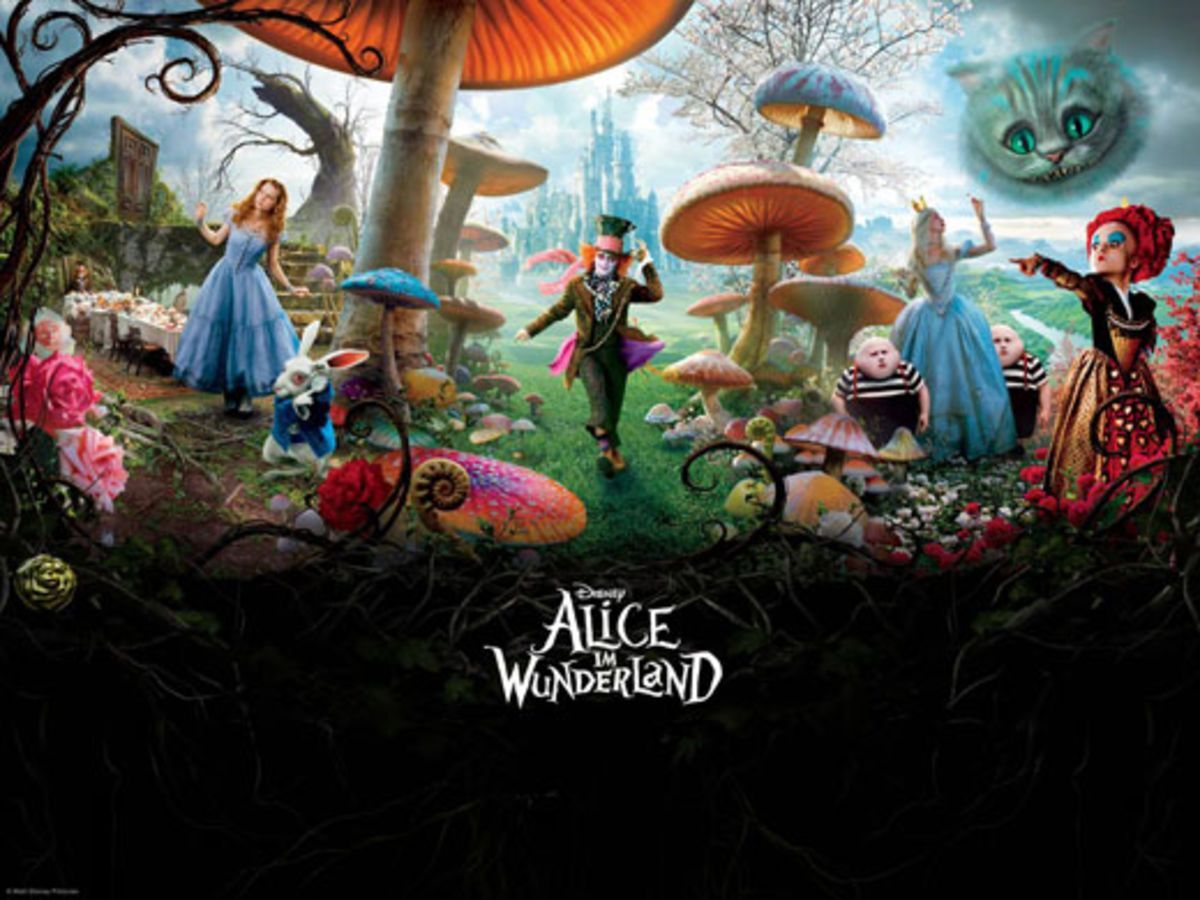 Alice im Wunderland (2010), Filmplakat, Alice, Verrückter Hutmacher, Rote Königin, Grinsekatze, Tablet-Hintergrund
