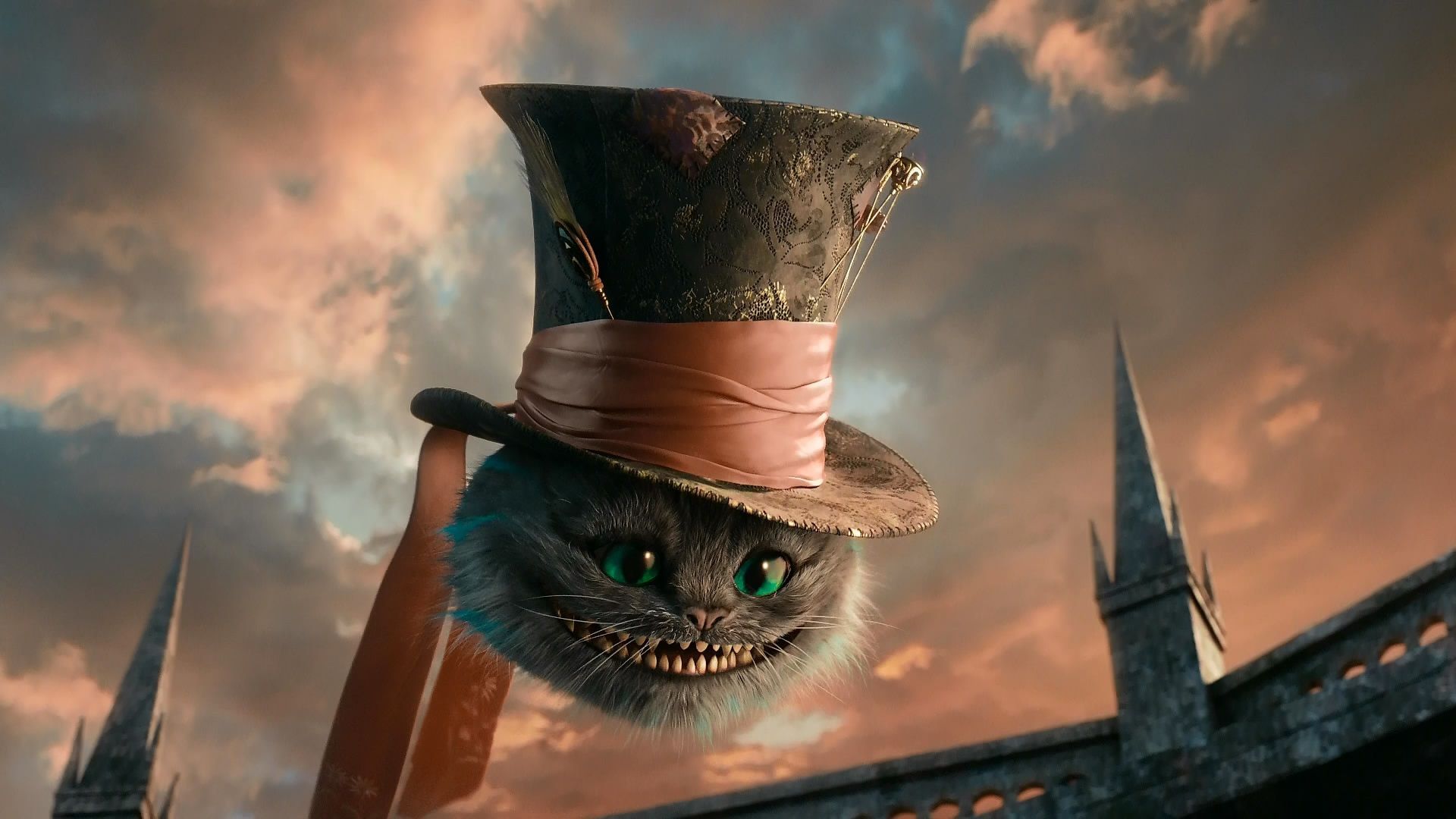 Grinsekatze, Zylinder, Hut des Hutmachers, Abendhimmel, Digitale Kunst, 1920x1080, Desktop-Hintergrund