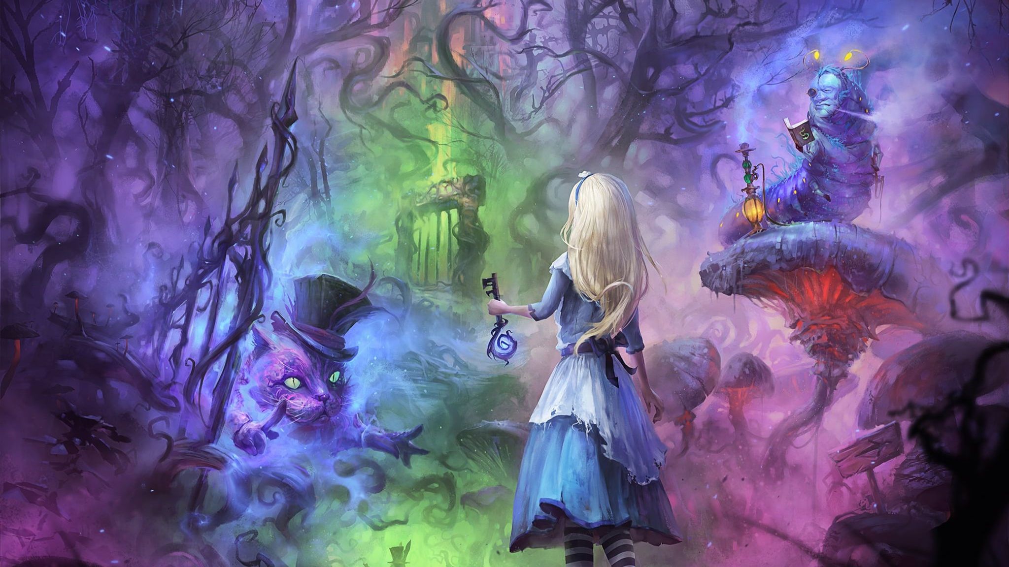 Alice, Raupe, Grinsekatze, Zauberwald, Lila, Fantasy, 16:9, Full-HD-Hintergrundbild für den Desktop