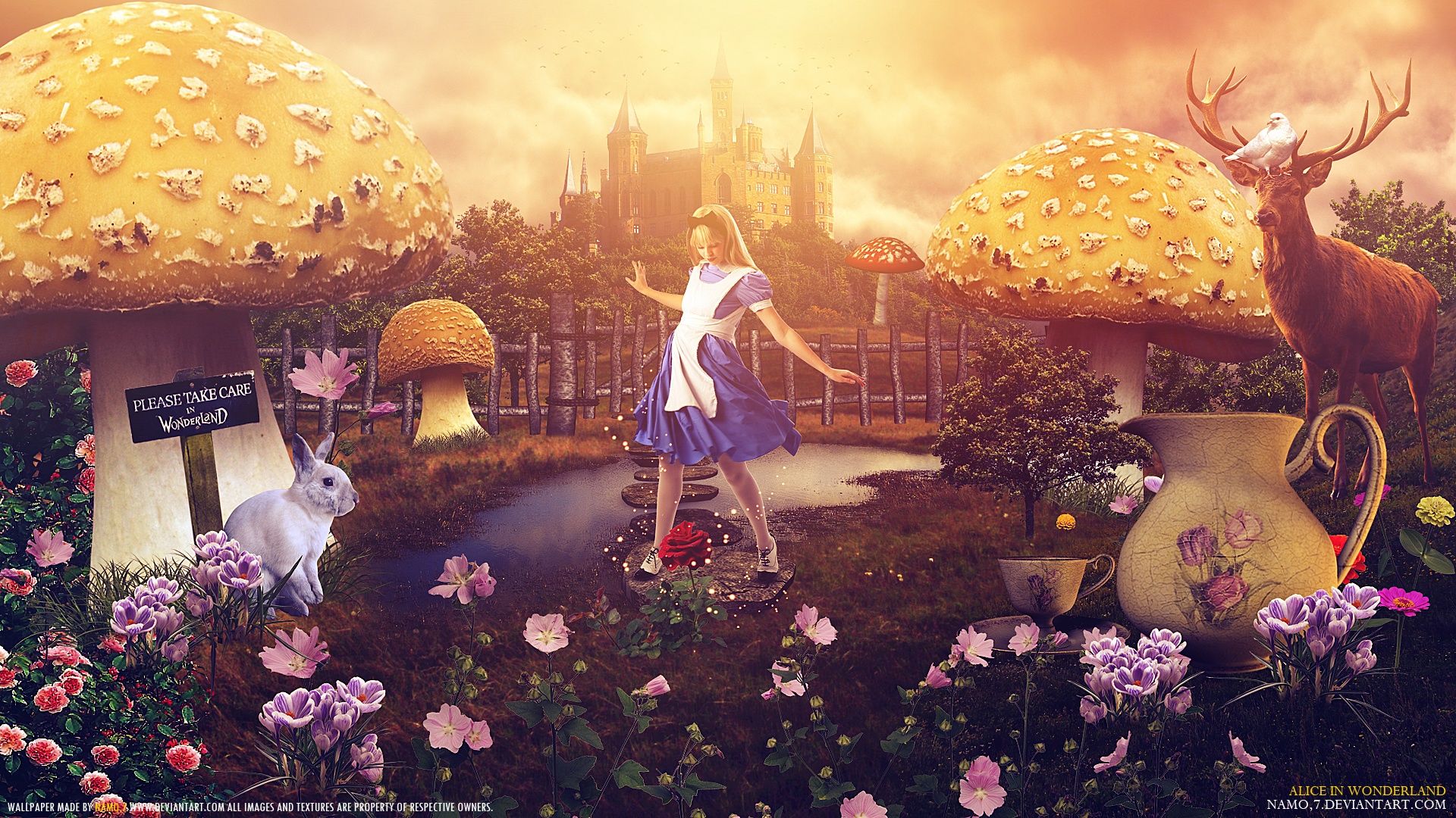 Alice, Weißes Kaninchen, Hirsch, Riesenpilze, Sonnenuntergang, Fantasy, Full-HD-Hintergrundbild für PC