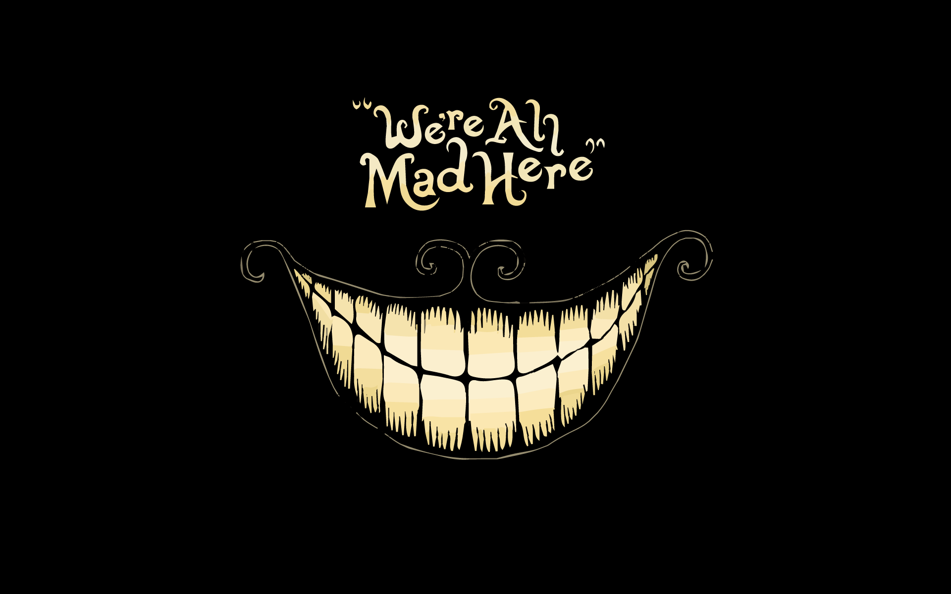 We're All Mad Here, Grinsekatze, Grinsen, Zitat, Schwarzer Hintergrund, Full HD Wallpaper