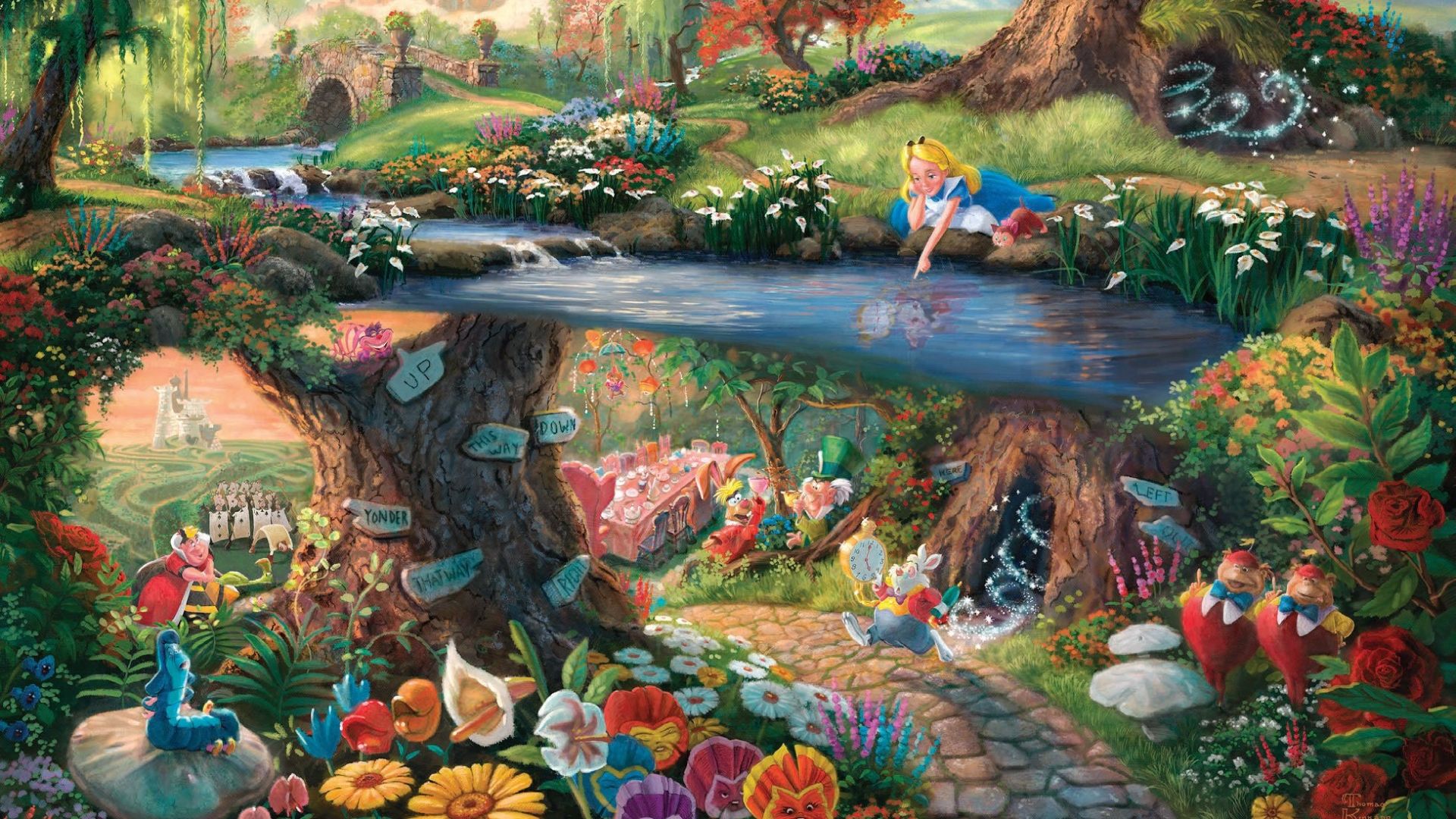 Thomas Kinkade, Alice im Wunderland (1951), Disney, Gemälde, Märchenlandschaft, 1080p-Hintergrundbild