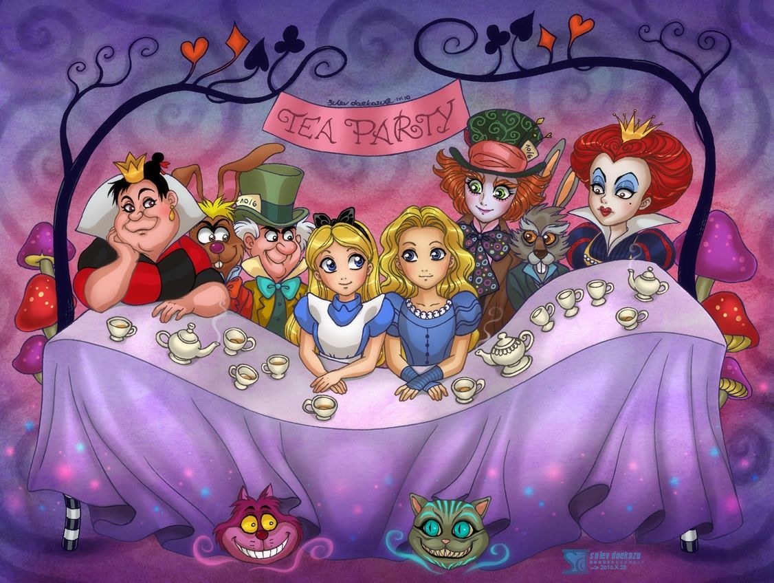 Teeparty, Alice, Verrückter Hutmacher, Herzkönigin, Grinsekatze, Fan-Art, Hintergrundbild fürs Tablet