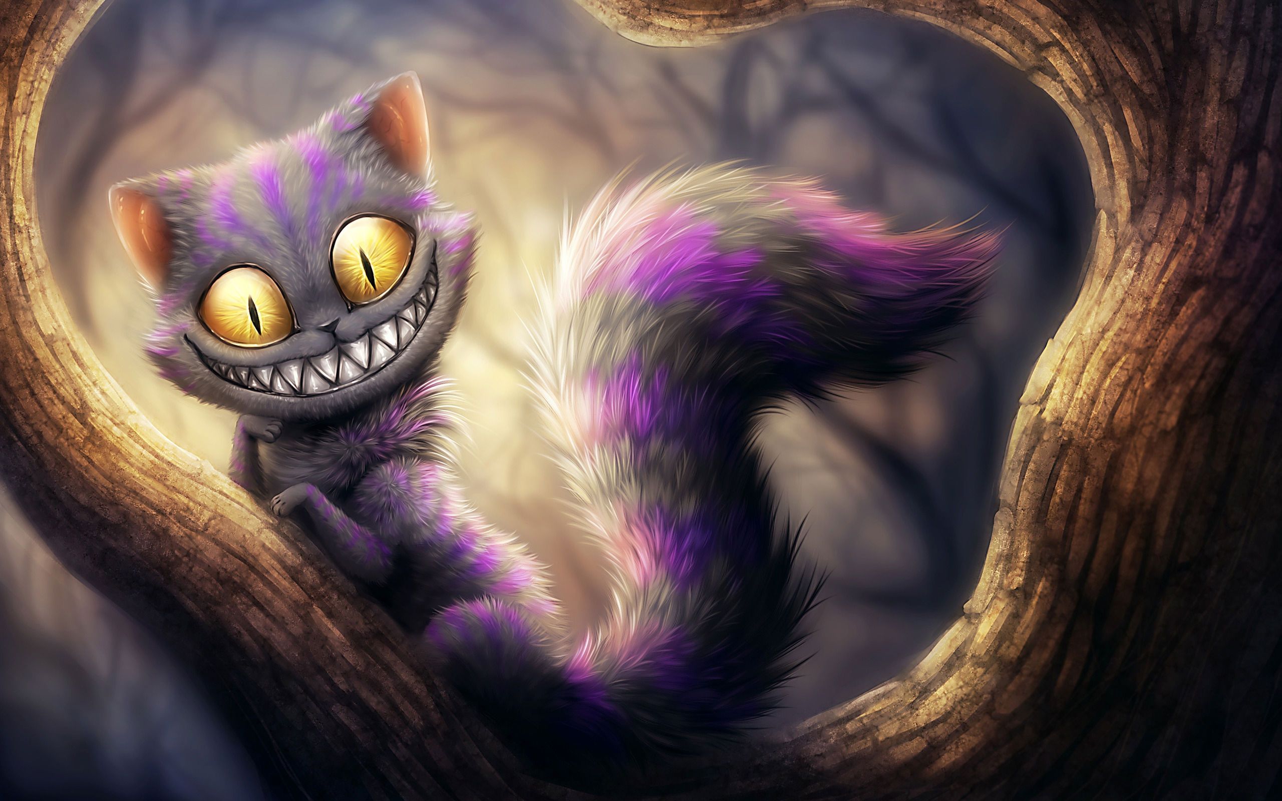 Grinsekatze, Baumhöhle, Lila, Digitale Kunst, Grinsen, 16:10, 2K-Hintergrundbild für den Desktop