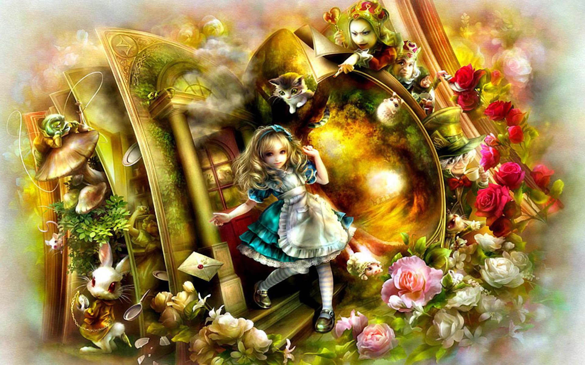 Alice, Kaninchenbau, Fall, Rosen, Spielkarten, Fantasy, 16:10, Full-HD-Hintergrundbild für den Desktop