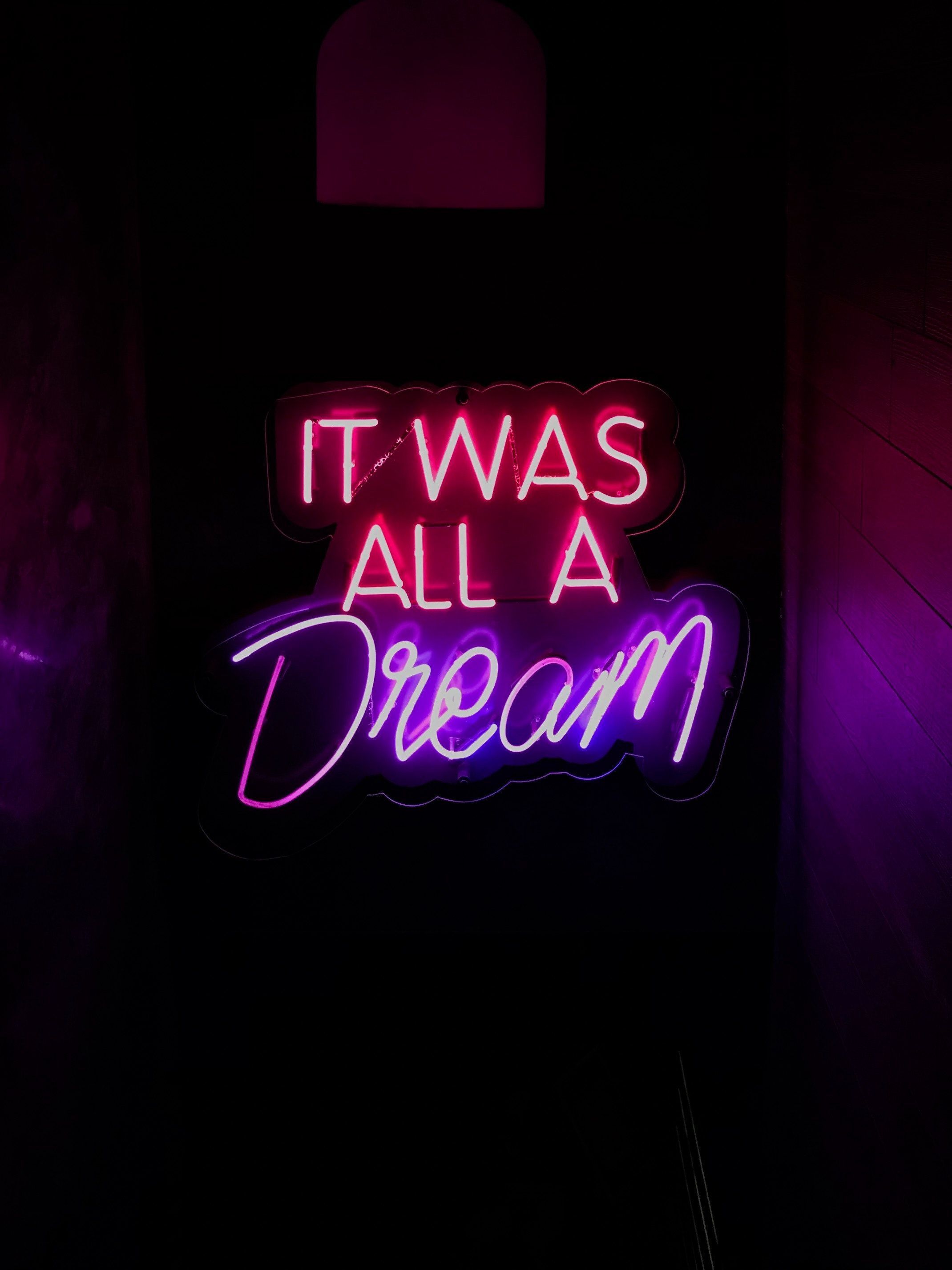 It Was All a Dream, Neonschrift, Schriftzug, Lila, Dunkler Raum, Hintergrundbild fürs Tablet