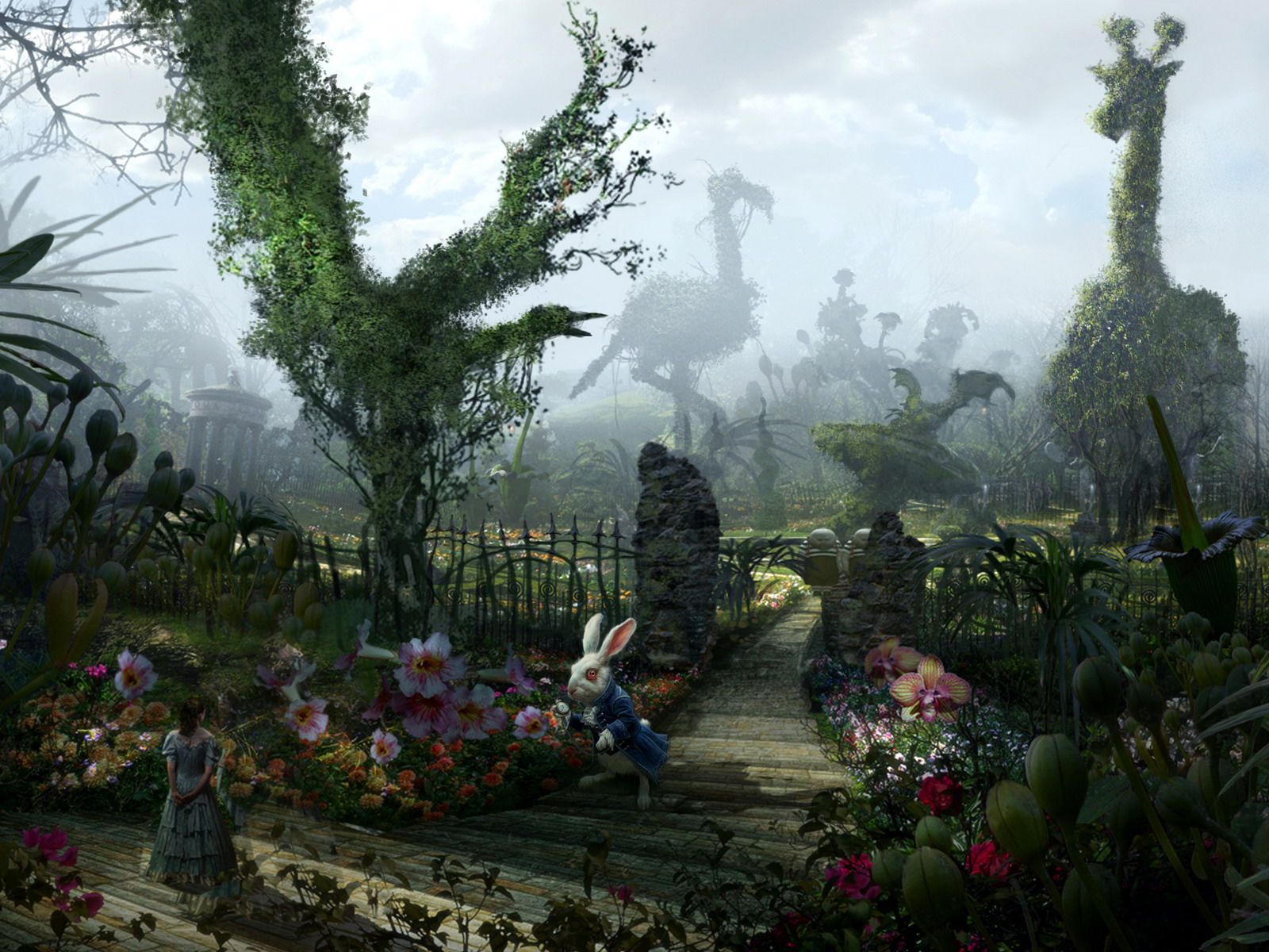 Alice im Wunderland (2010), Weißes Kaninchen, Verwüsteter Garten, Nebel, Unterland, HD-Tablet-Hintergrundbild