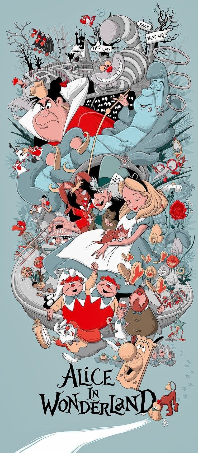 Alice im Wunderland (1951), Disney, Poster, Figurenmuster, Hellblau, Android-Hintergrundbild