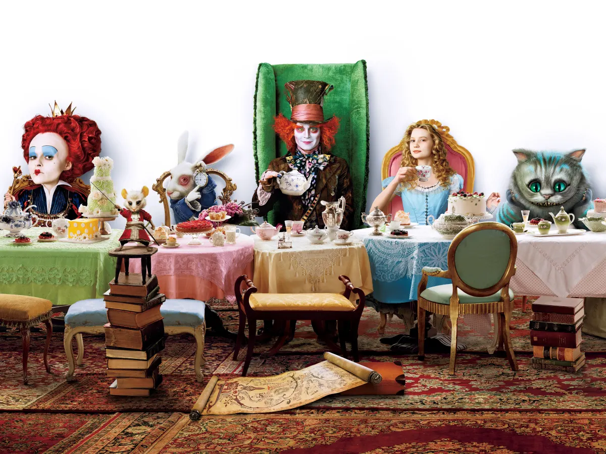 Alice im Wunderland (2010), Teeparty, Verrückter Hutmacher, Rote Königin, Grinsekatze, Diorama, iPad-Hintergrundbild