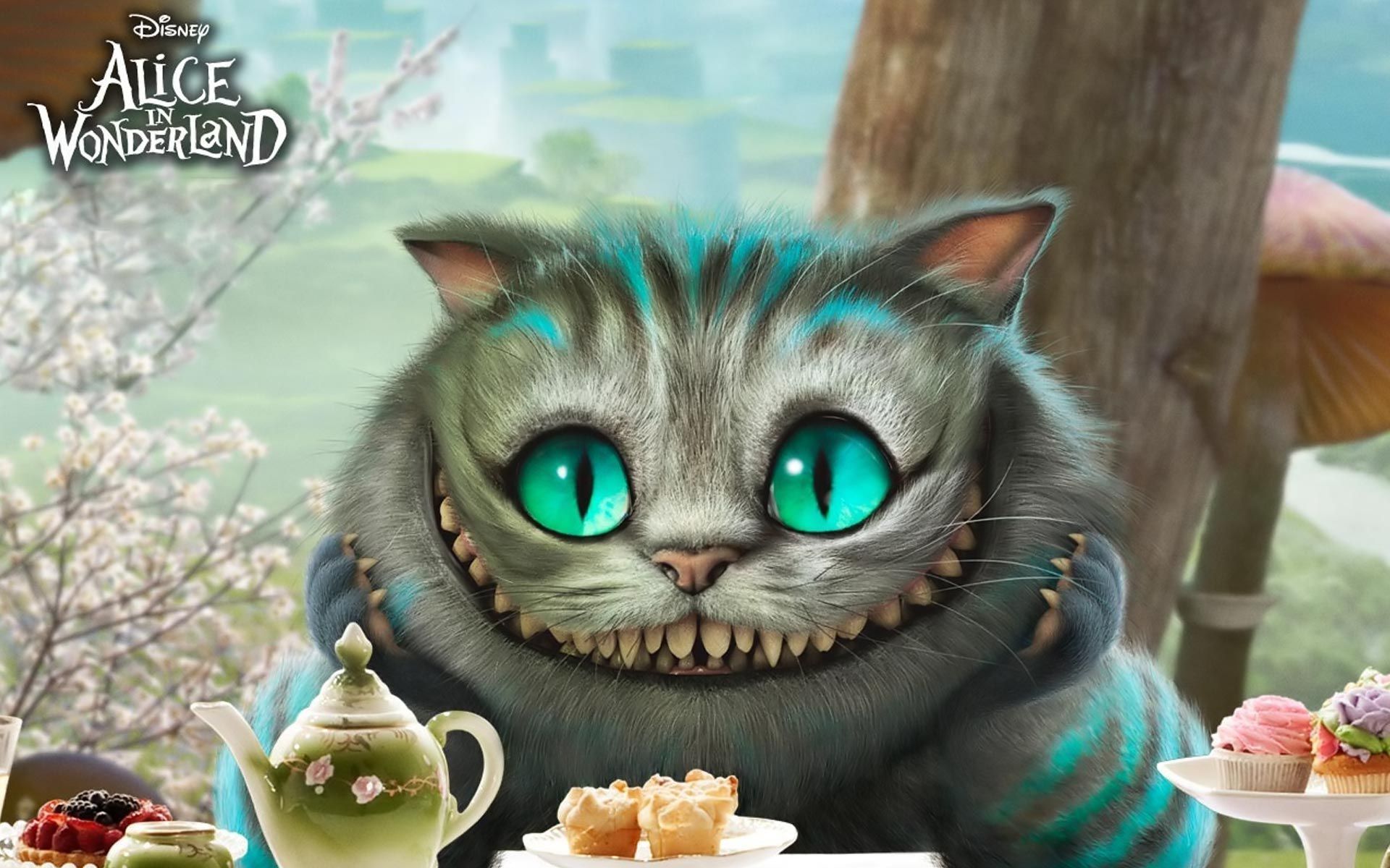 Grinsekatze, Alice im Wunderland (2010), Teekanne, Kirschblüten, Disney, Full HD, MacBook-Hintergrundbild