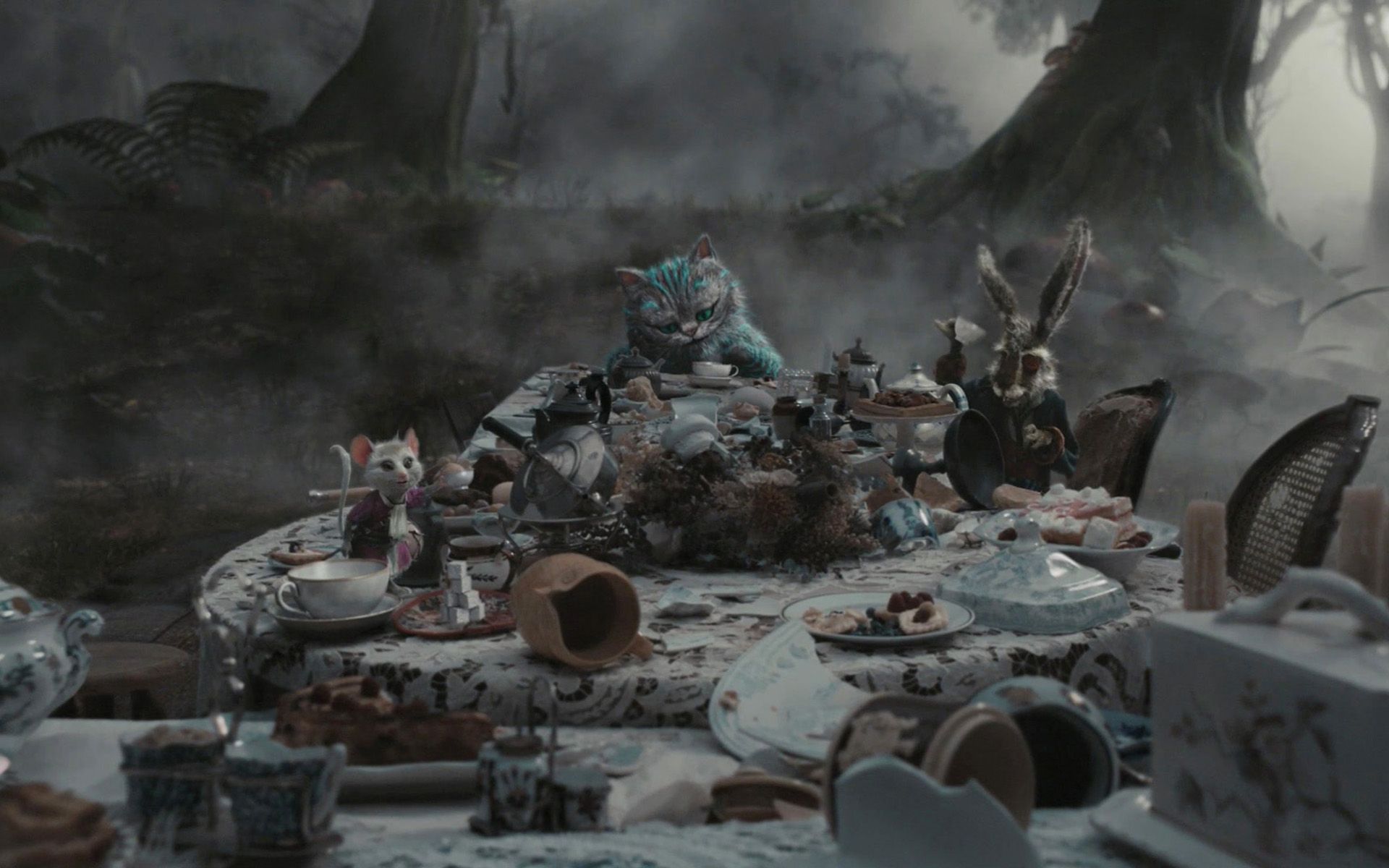 Alice im Wunderland (2010), Teeparty, Verwüstete Tafel, Grau, Tim Burton, Full HD, Desktop-Hintergrund