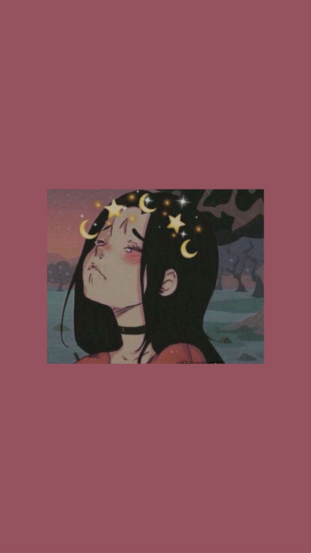 Anime-Mädchen, Halbmond, Altrosa Hintergrund, Minimalistisch, Sperrbildschirm fürs iPhone