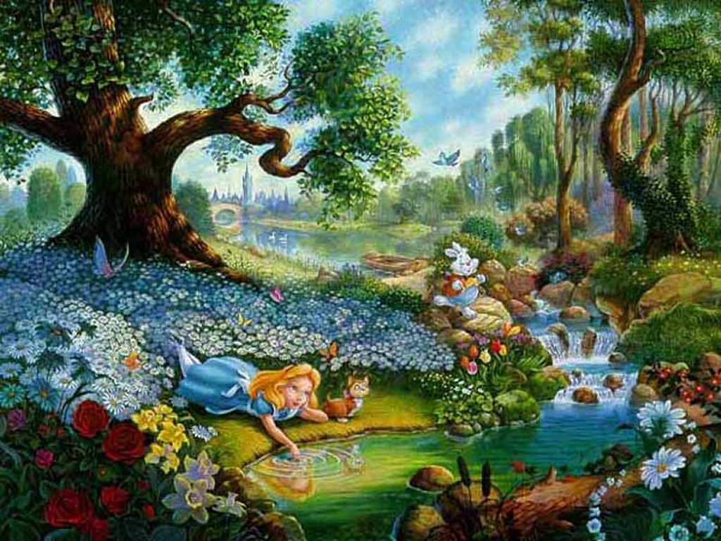 Thomas Kinkade, Alice im Wunderland (1951), Disney, Gemälde, Märchenlandschaft, Fluss, Tablet-Hintergrundbild