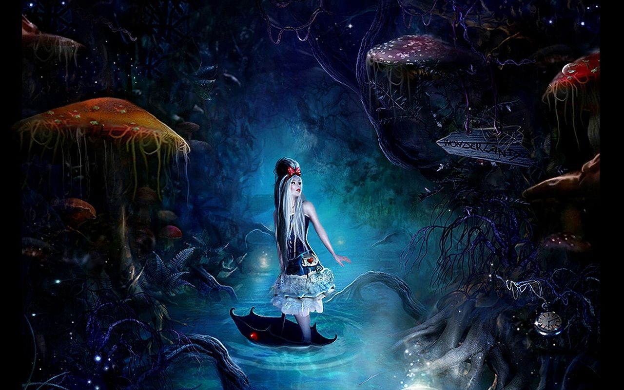 Alice, Unterwasser, Pilze, Dark Fantasy, Blau, HD, Desktop-Hintergrund für Windows