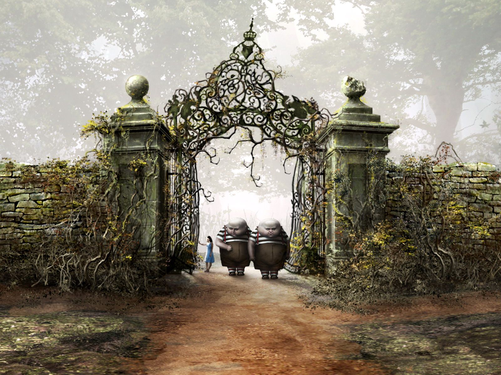 Alice im Wunderland (2010), Tor, Verwilderter Garten, Nebel, Gothic, HD, Tablet-Hintergrund