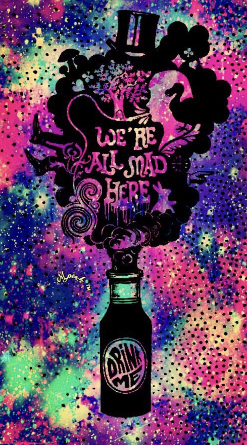 We're All Mad Here, Zylinder, Flasche, Neon, Typografie, Bunt, HD, iPhone-Hintergrundbild