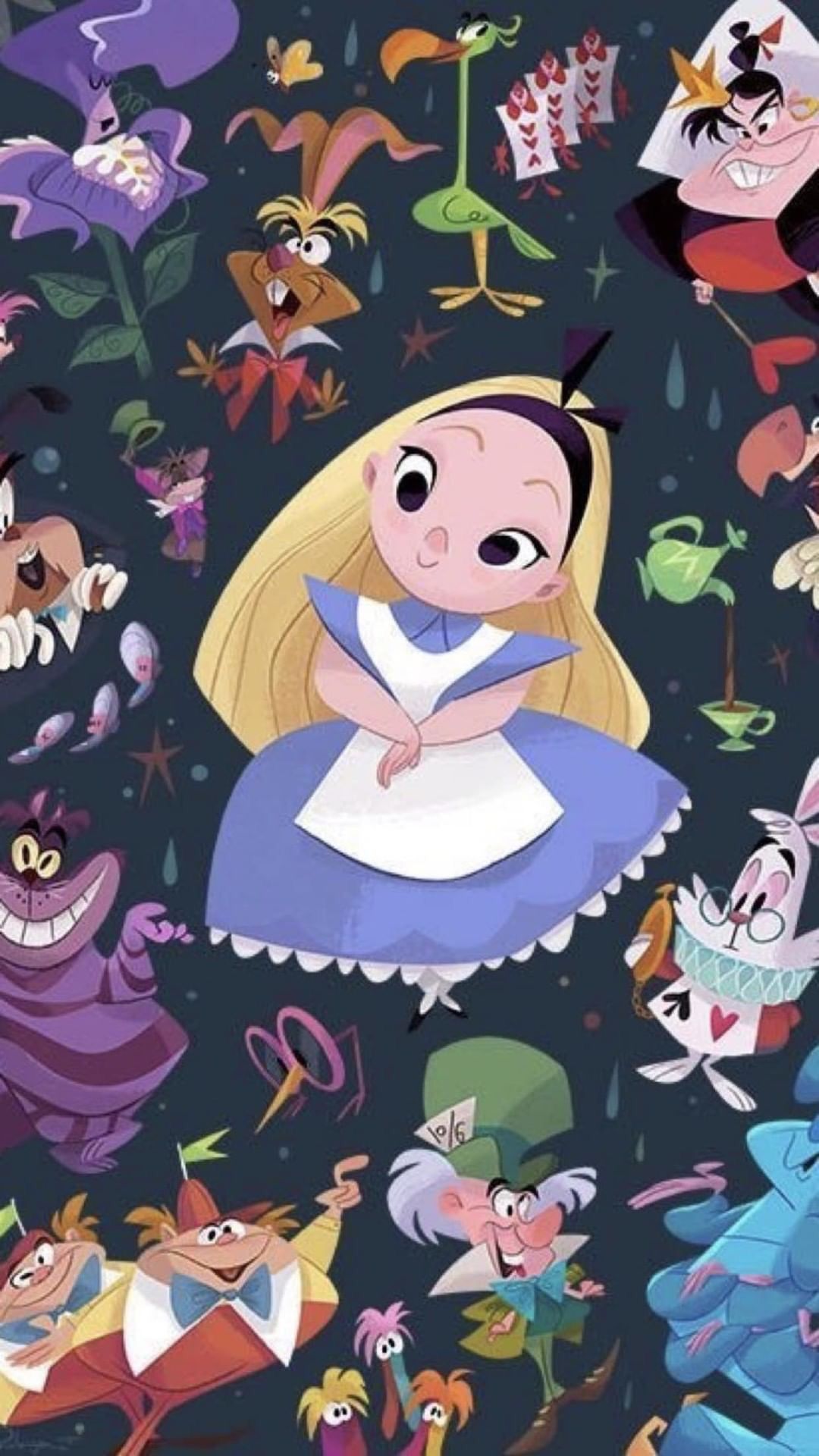 Alice im Wunderland (1951), Disney, Alice, Figurenmuster, Dunkelblau, 1080x1920, Handy-Hintergrund