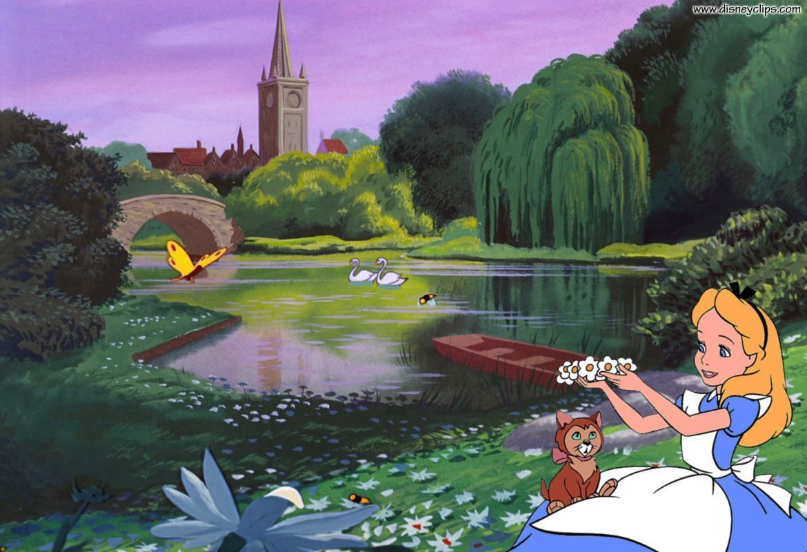 Alice im Wunderland (1951), Disney, Alice, Dinah, Flussufer, Kirche, Hintergrundbild
