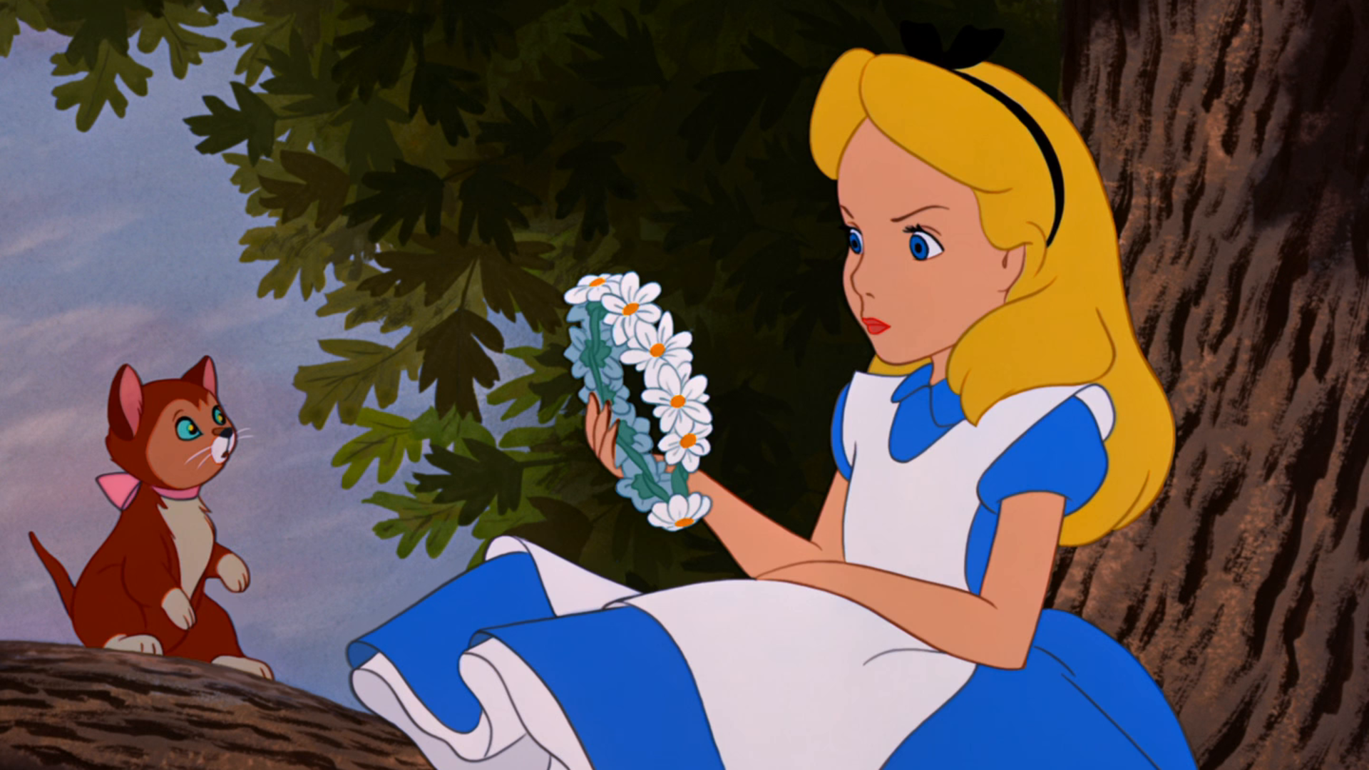 Alice im Wunderland (1951), Disney, Alice, Dinah, Blumenkranz, Zeichentrick, 1080p-Hintergrundbild