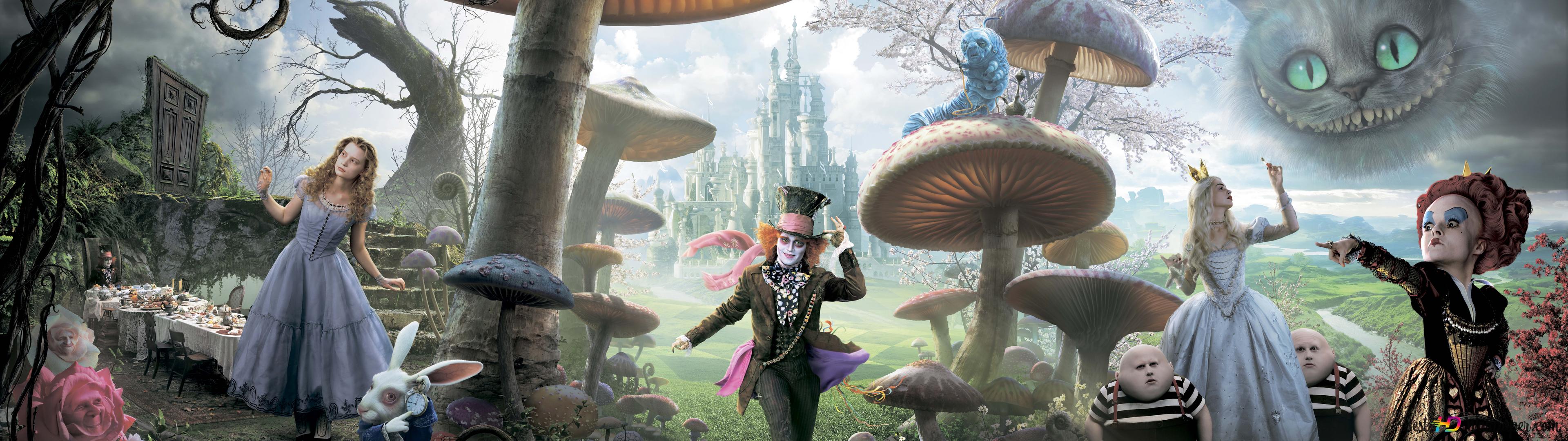 Alice im Wunderland (2010), Alice, Verrückter Hutmacher, Rote Königin, Grinsekatze, Panorama, Dual-Monitor-Hintergrundbild