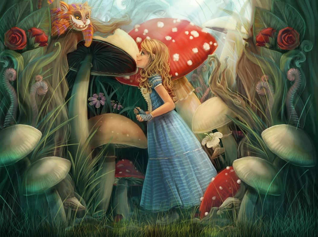 Alice, Fliegenpilze, Zauberwald, Rosen, Illustration, Hintergrundbild für iPad und Tablet