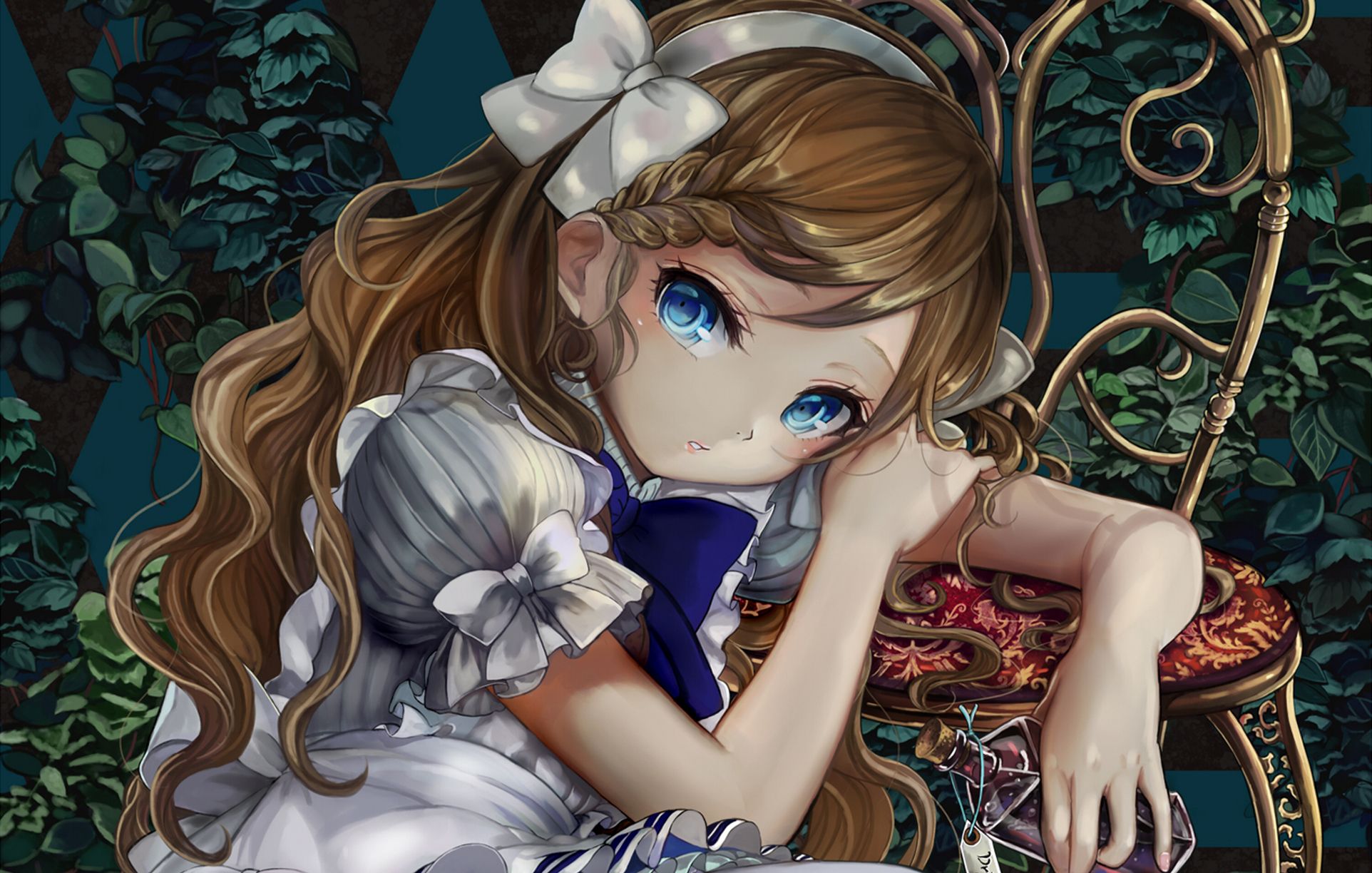 Alice, Anime-Stil, Blaue Augen, Schleife, Illustration, Full HD, Desktop-Hintergrund für Windows