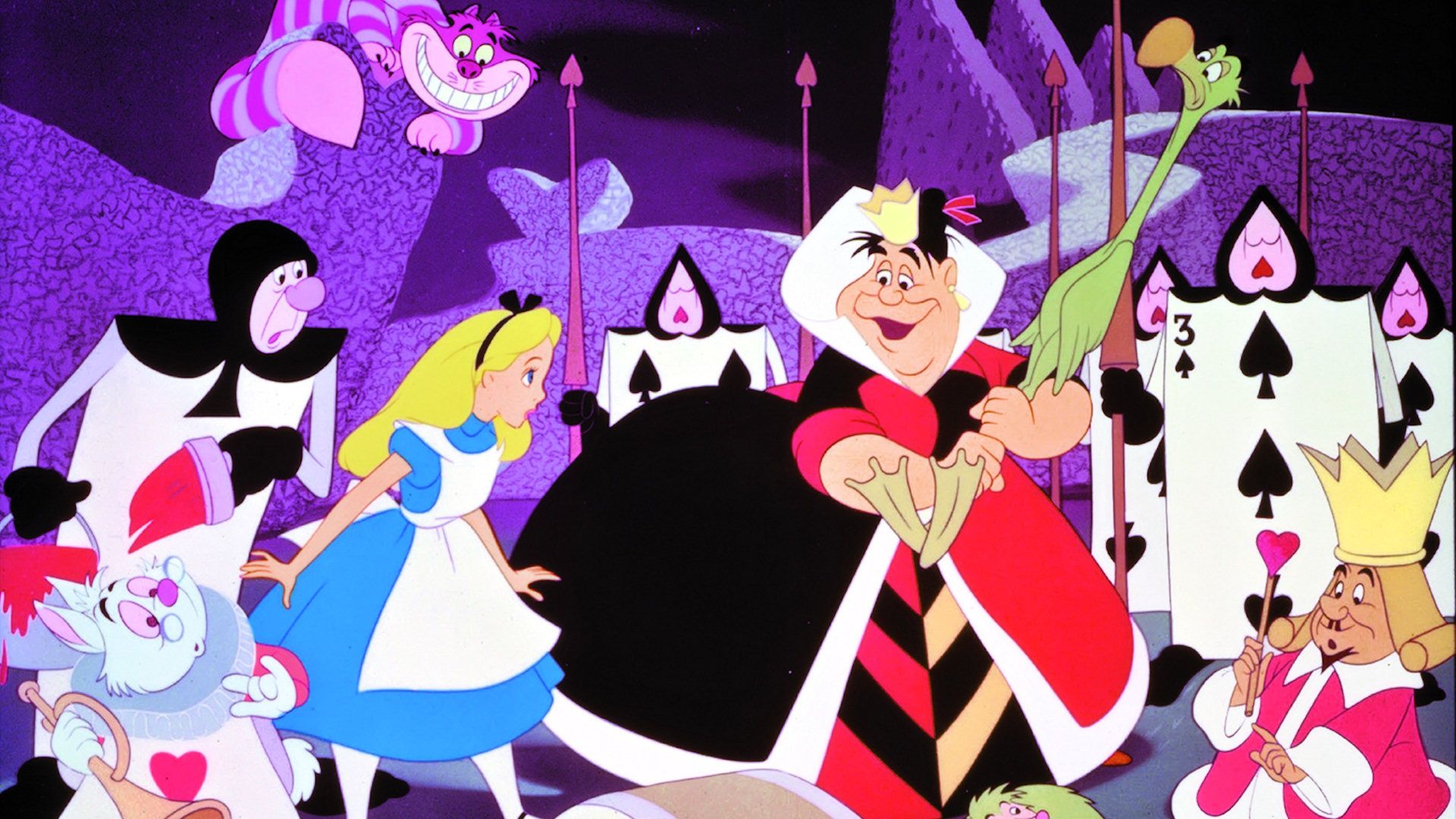 Alice im Wunderland (1951), Disney, Herzkönigin, Alice, Spielkartensoldaten, Flamingo, 1080p Wallpaper