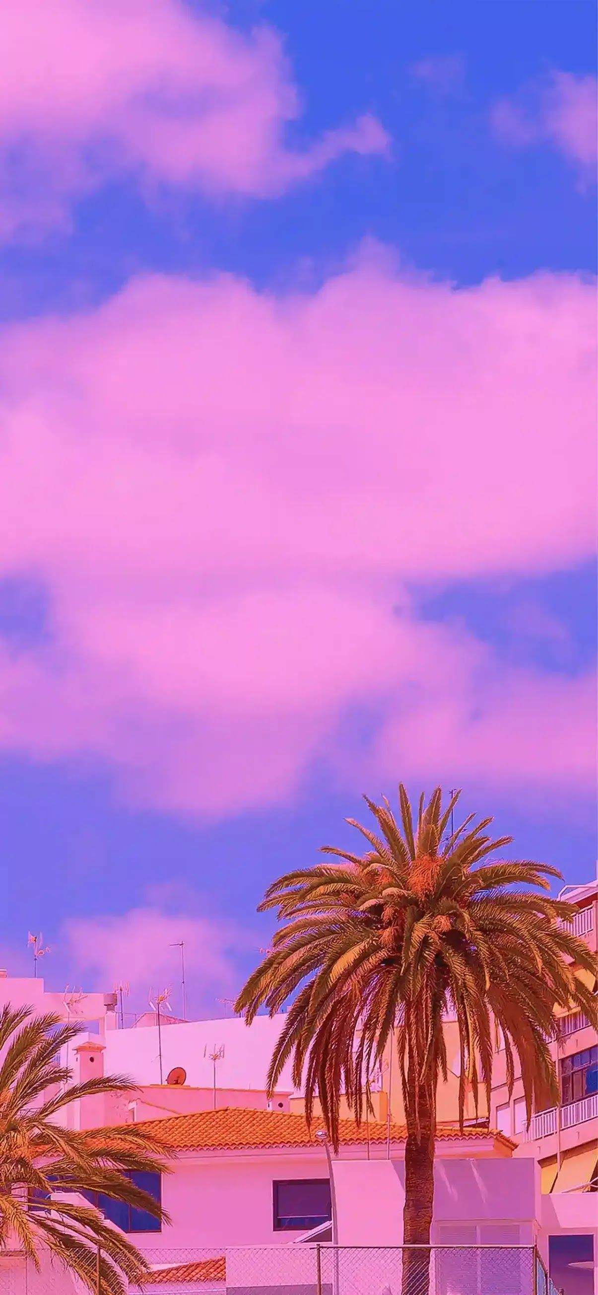 Palmen, Rosa Wolken, Haus, Vaporwave, Lila Himmel, Full HD, Hintergrundbild fürs Handy