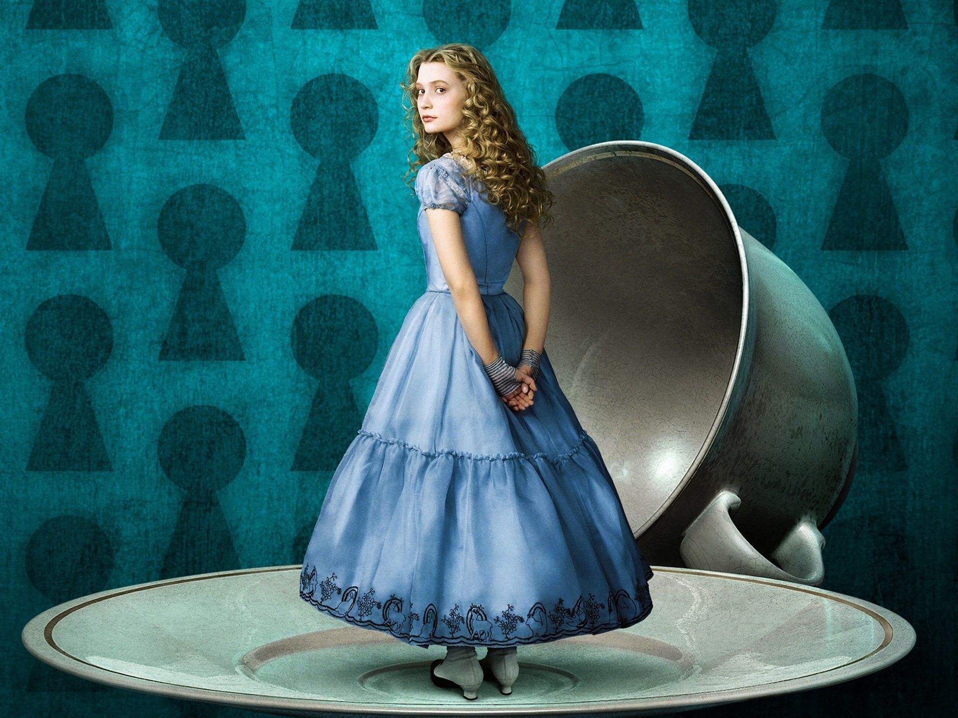 Alice im Wunderland (2010), Mia Wasikowska, Alice, Teetasse, Schlüssellöcher, Petrol, Full-HD-Tablet-Hintergrundbild
