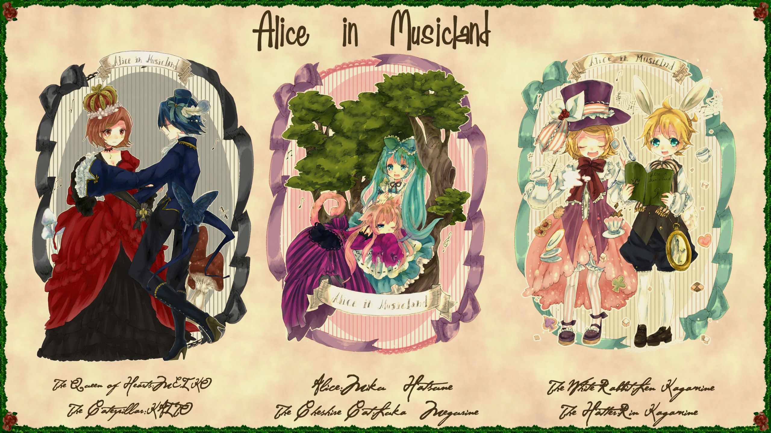 Alice in Musicland, Vocaloid, Hatsune Miku, Kagamine Rin, Kagamine Len, Anime, 2K-Desktop-Hintergrund