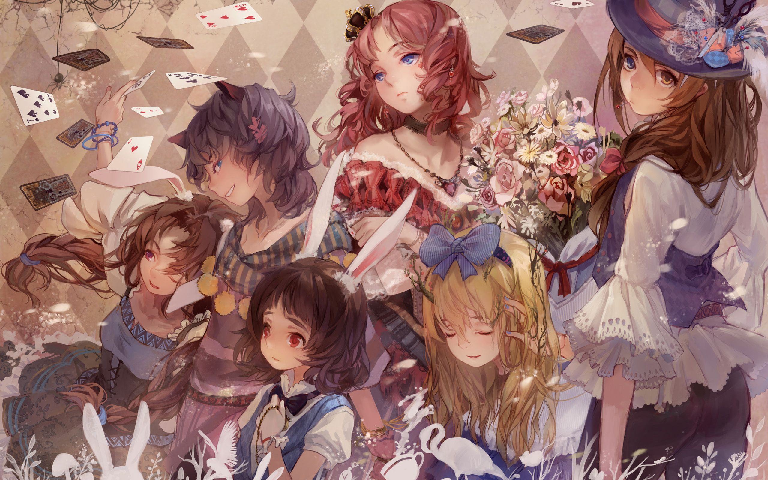 Alice, Anime-Stil, Gruppenbild, Spielkarten, Blumen, 2K, Hintergrundbild für den PC