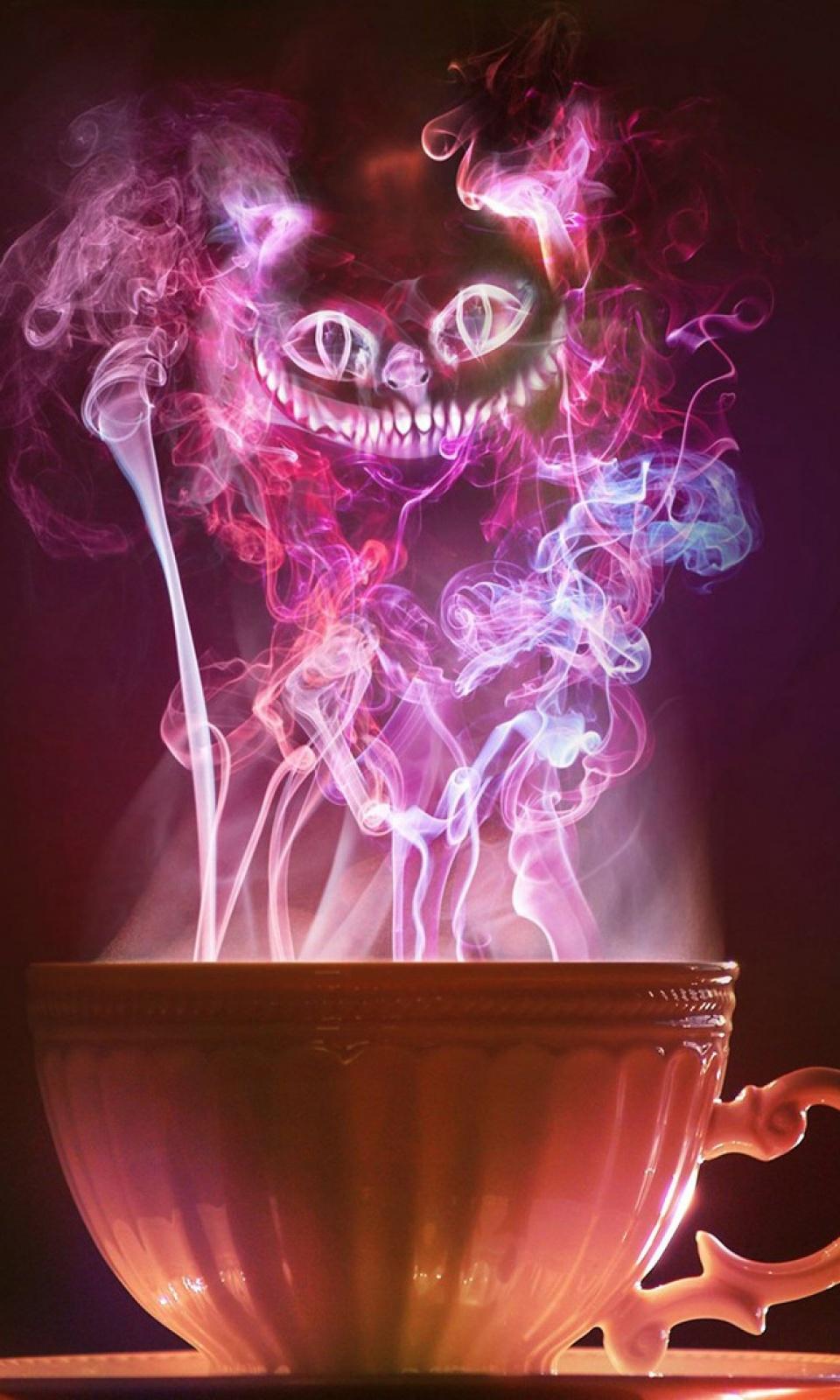 Grinsekatze, Teetasse, Rauch, Pink, Dunkel, HD, Hintergrundbild fürs Handy