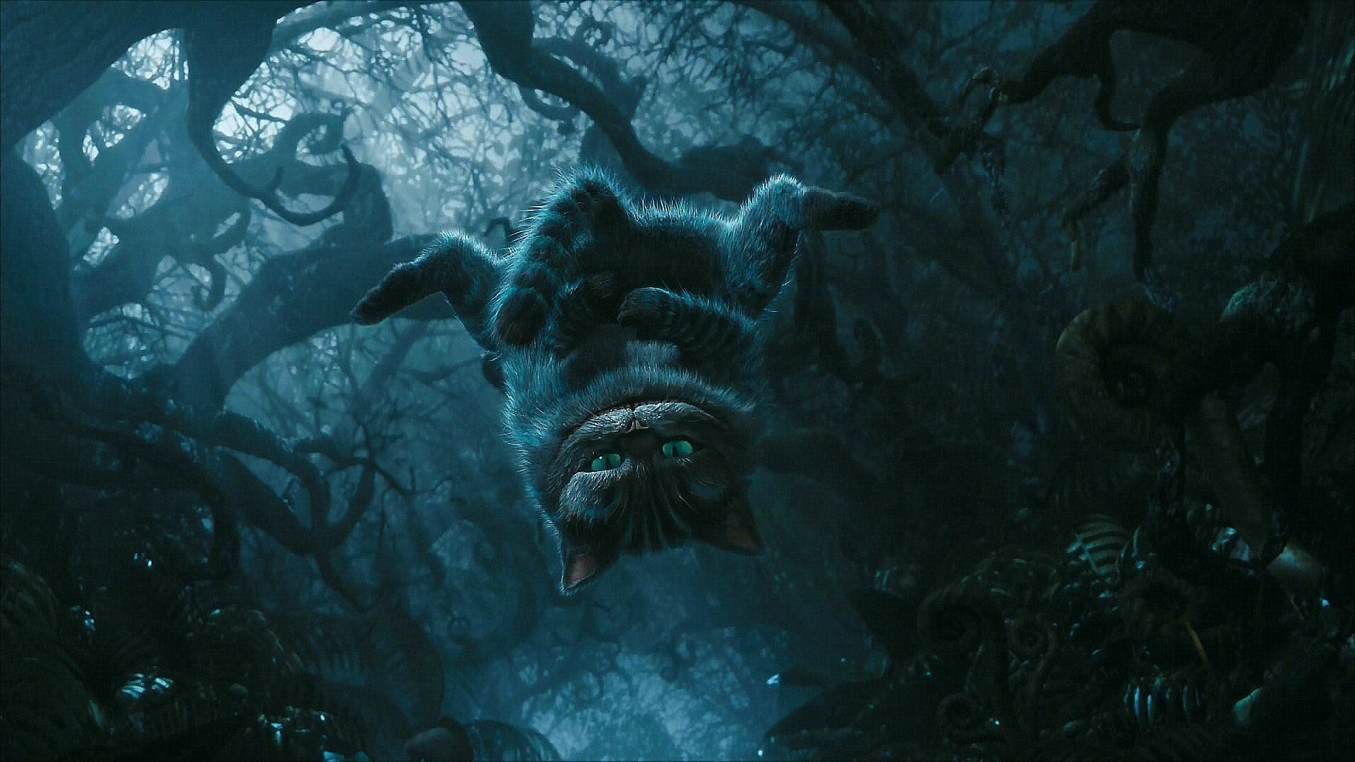 Grinsekatze, Alice im Wunderland (2010), Dunkler Wald, Nebel, Petrol, Full HD, Windows-Hintergrundbild