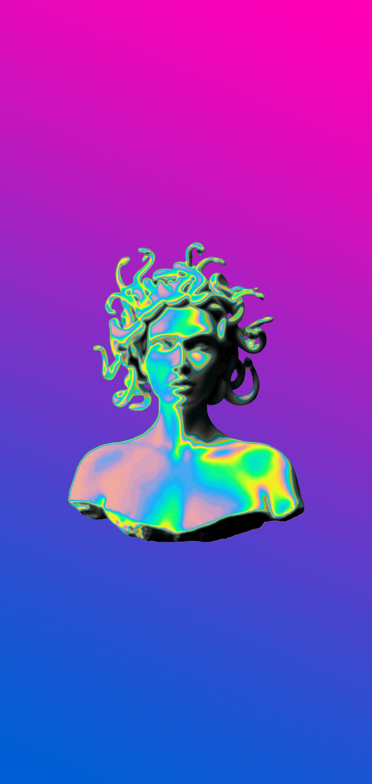 Medusa, Büste, Holografisch, Vaporwave, Farbverlauf, Pink, Full HD, Handy-Hintergrund