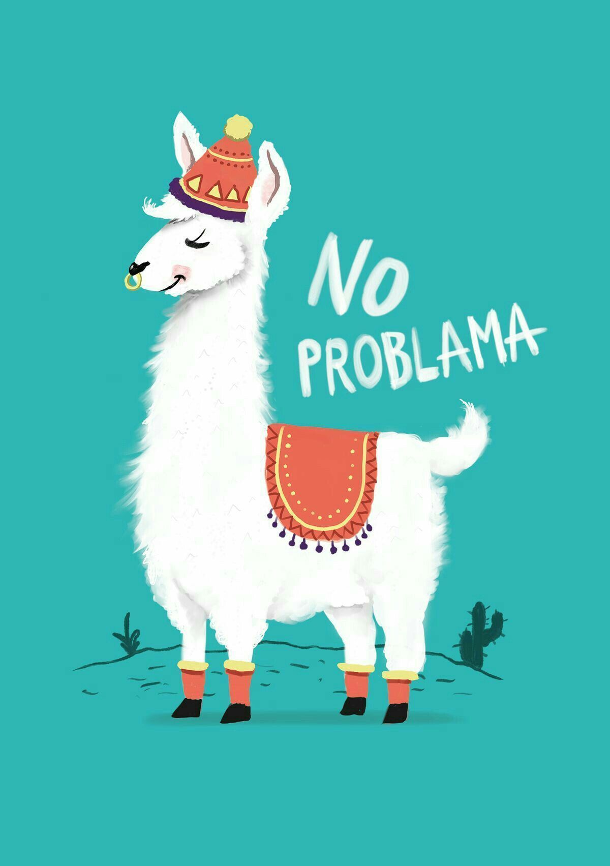 No Probllama, Lama, Illustration, Mütze, Türkiser Hintergrund, Wortspiel, Full HD Wallpaper