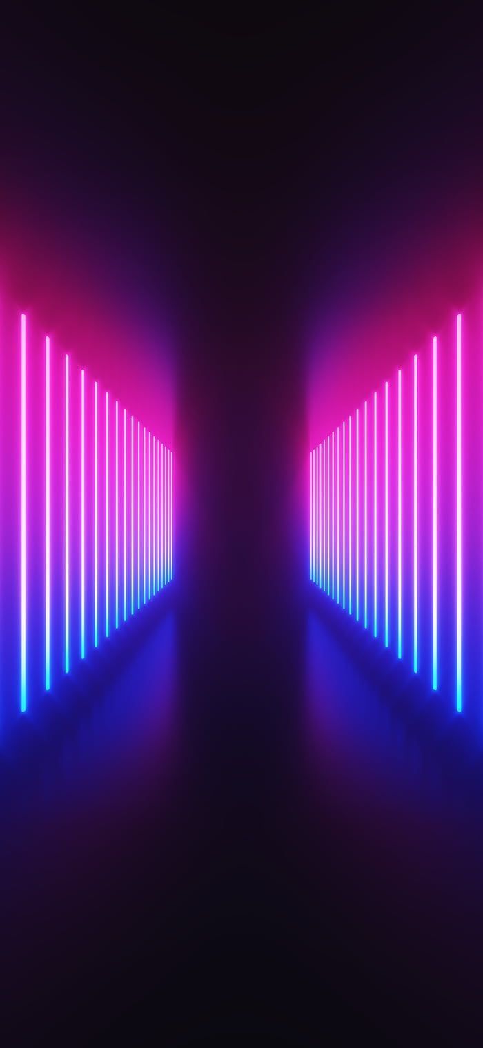 Korridor, Neonröhren, Pink, Blau, Symmetrie, Hintergrundbild für iPhone und Android