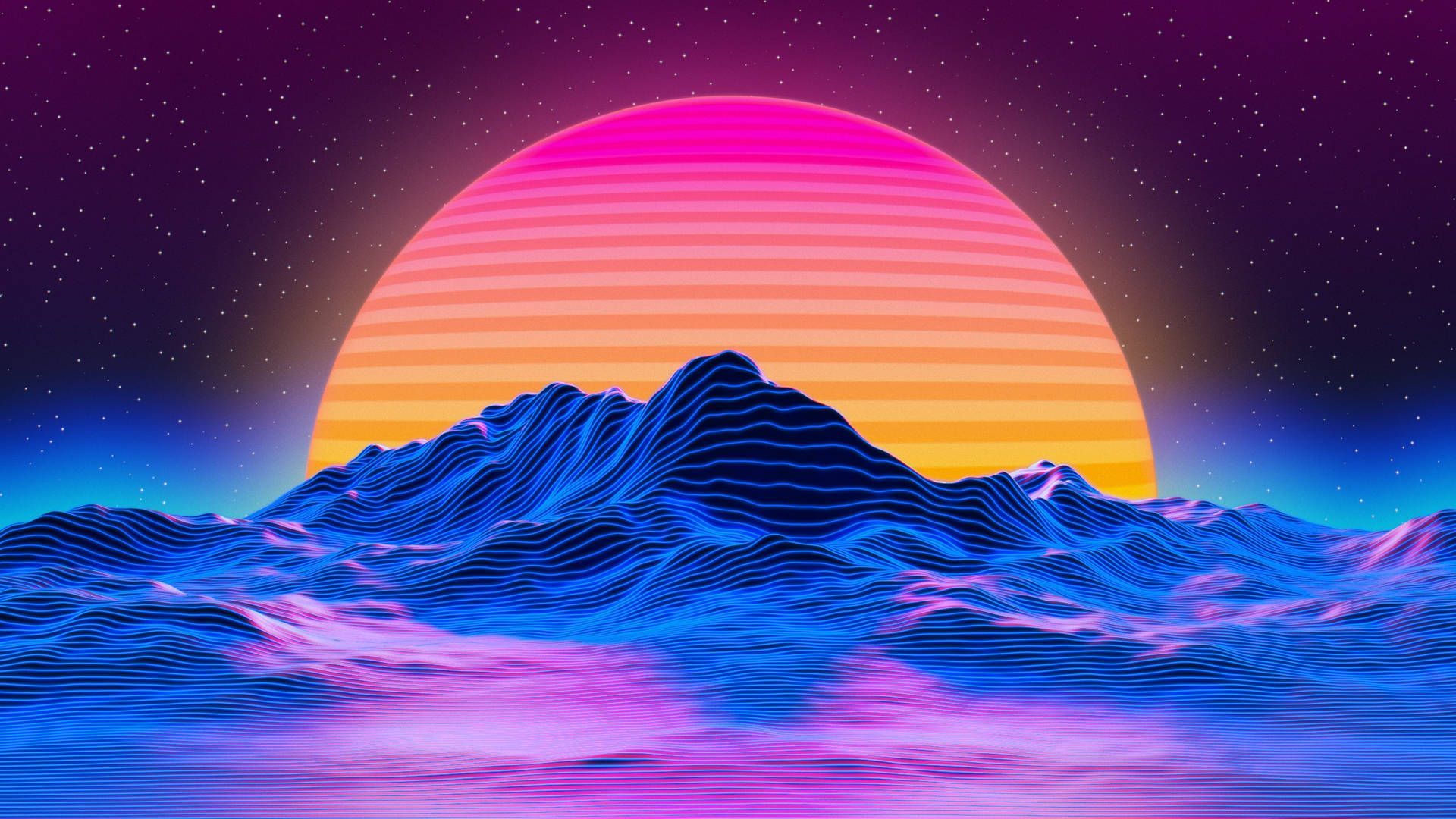 Synthwave, Sonnenuntergang, Berge, Neonfarben, Sternenhimmel, Full-HD-Hintergrundbild für PC