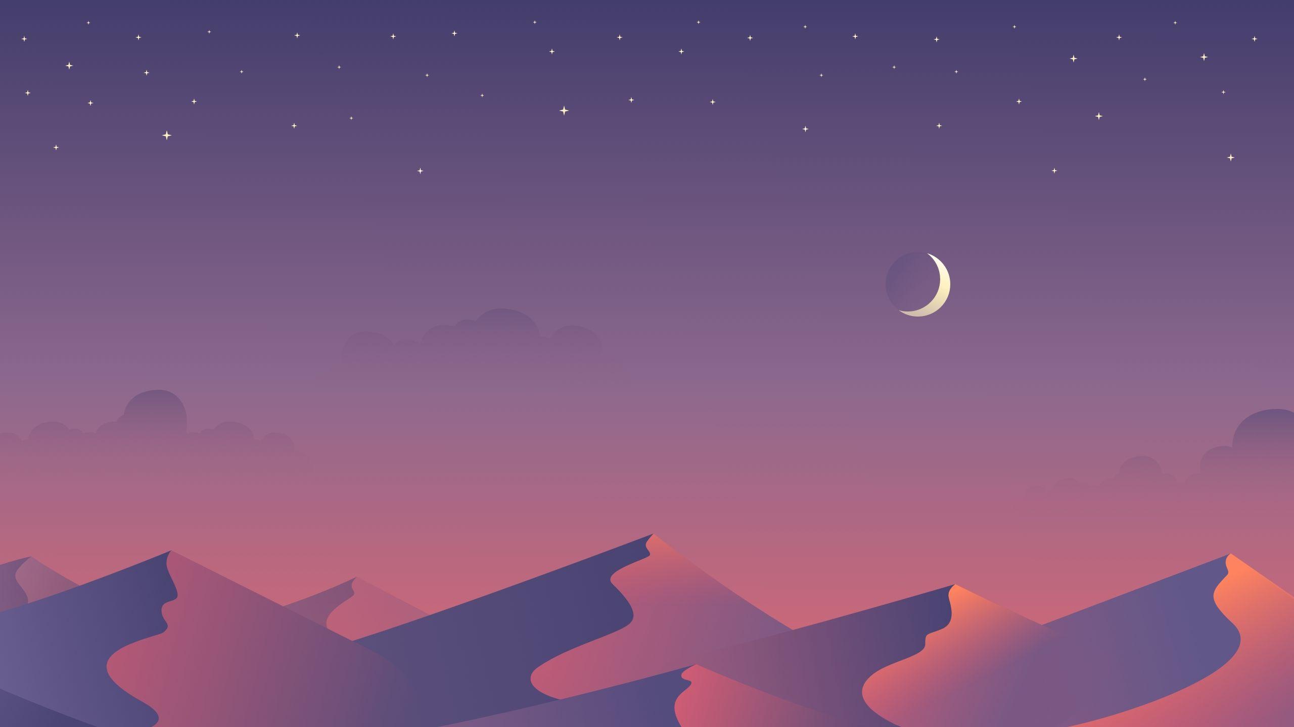 Wüste, Sanddünen, Mondsichel, Lila Himmel, Minimalistisch, 2K, PC-Hintergrundbild