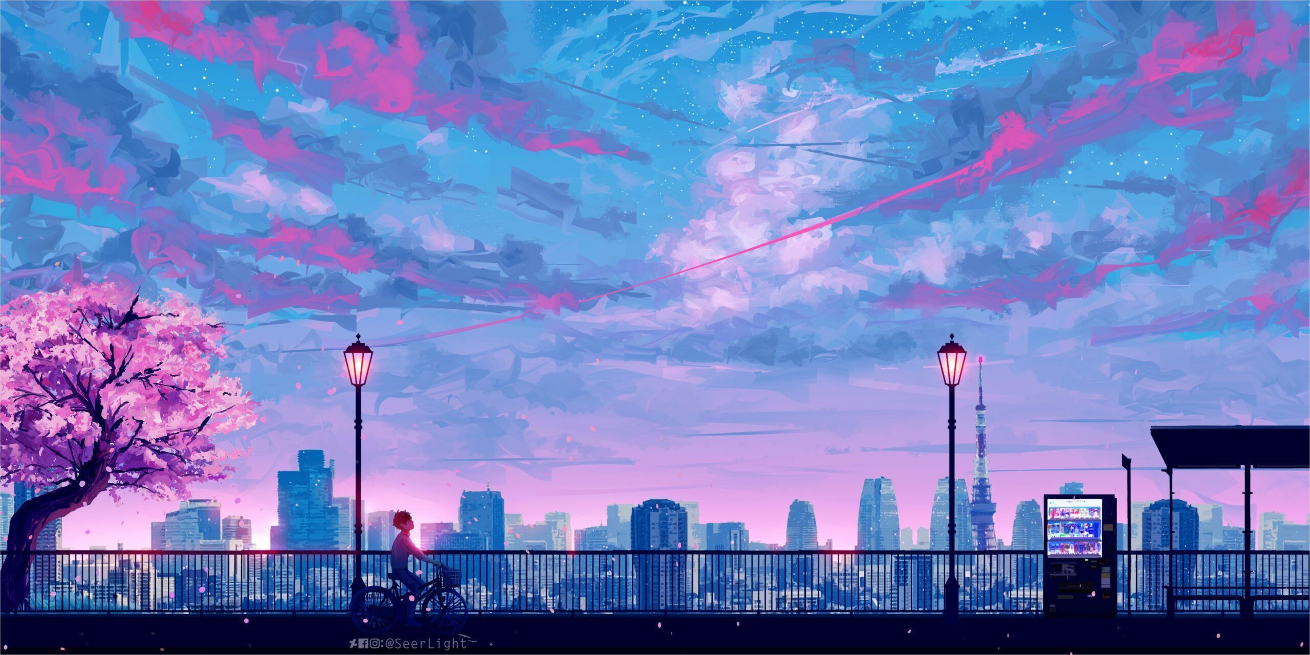 Anime-Stil, Skyline, Kirschbaum, Straßenlaternen, Blauer Himmel, 2K, Desktop-Hintergrund