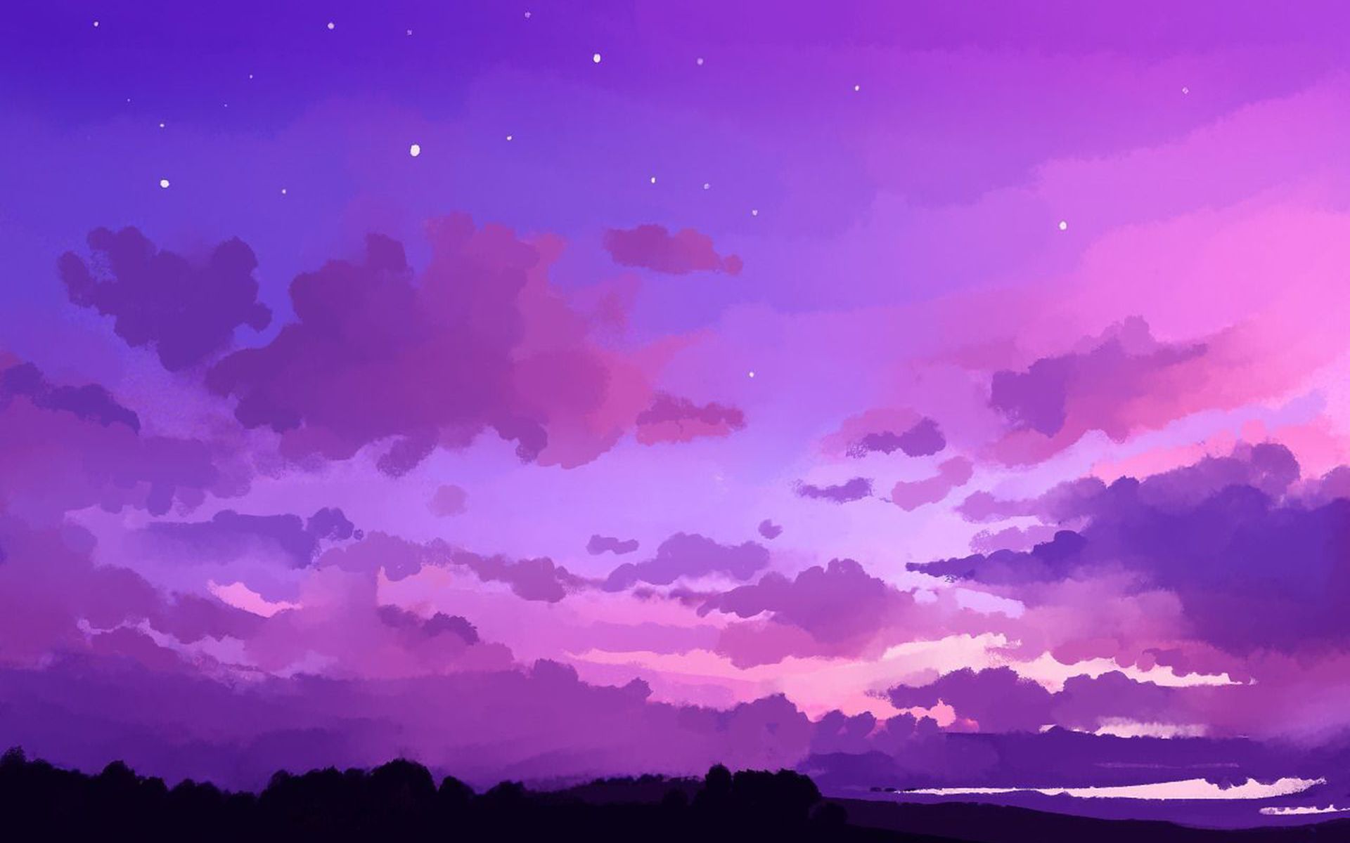 Wolken, Lila Himmel, Sterne, Digitale Malerei, Dämmerung, Full HD, MacBook-Hintergrundbild