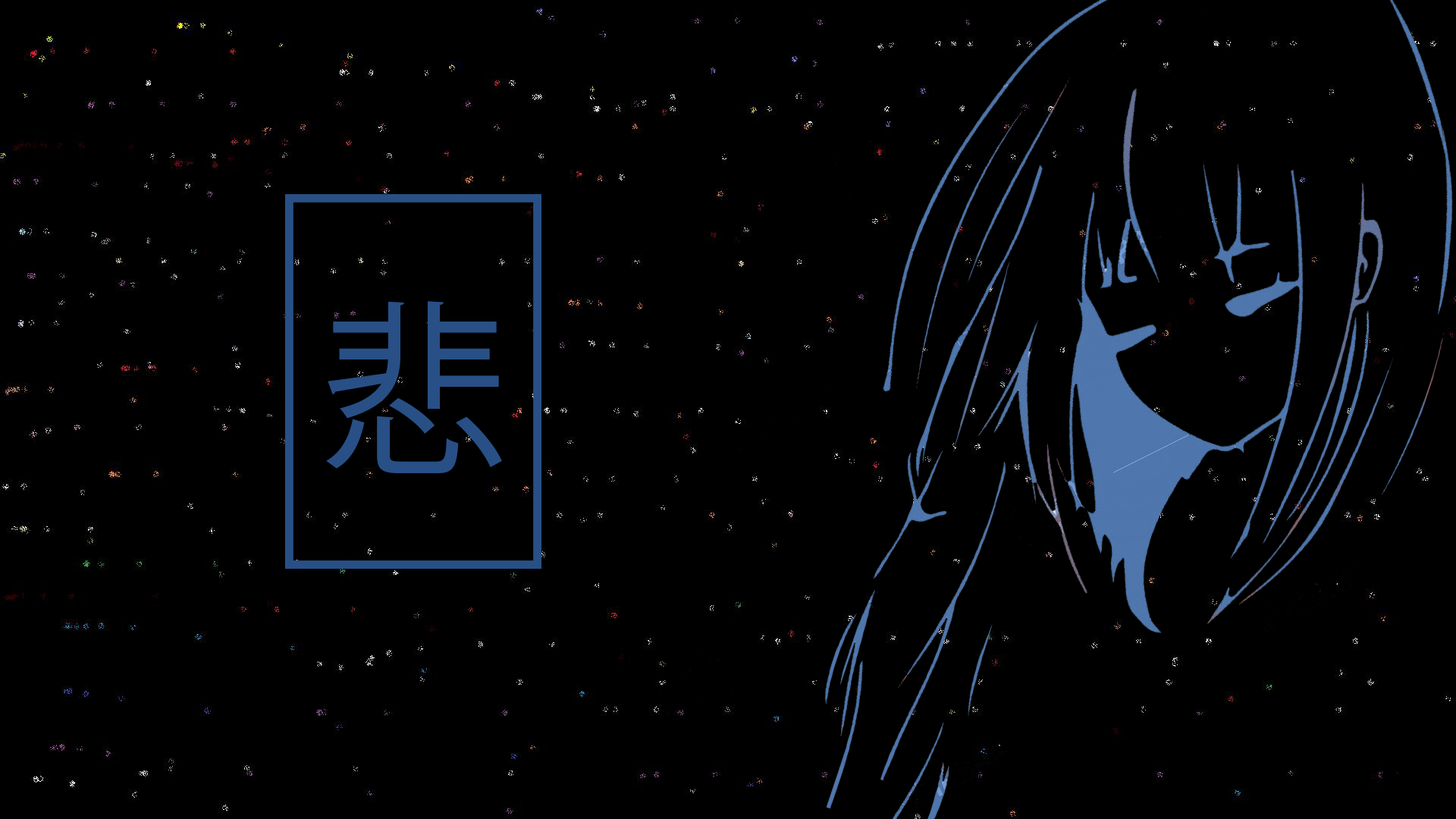 Anime-Mädchen, Kanji, Traurig, Linienkunst, Schwarzer Hintergrund, Full HD Wallpaper
